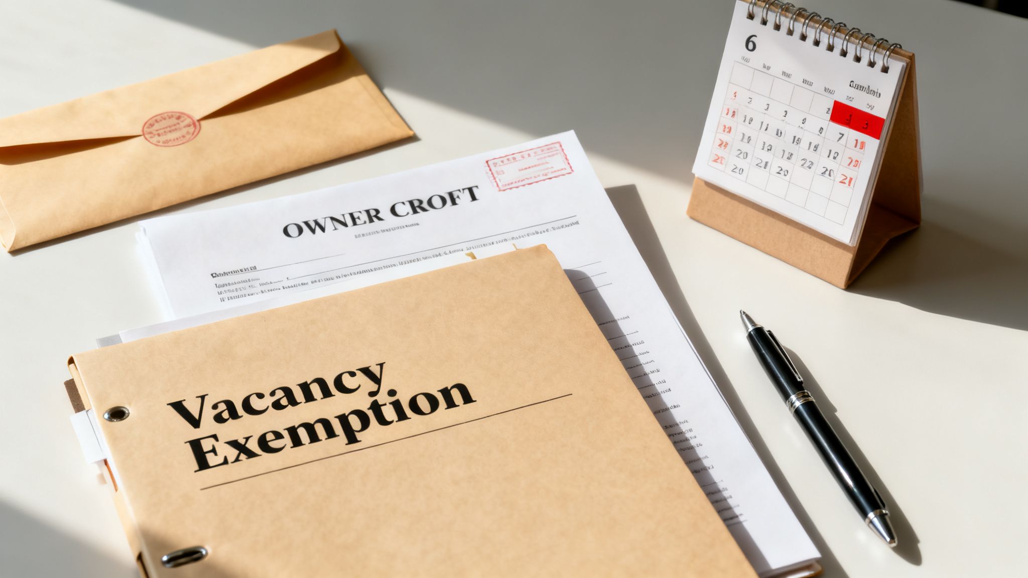 Office desk setup with 'Vacancy Exemption' documents, owner details, a calendar, and a pen, suggesting property management.