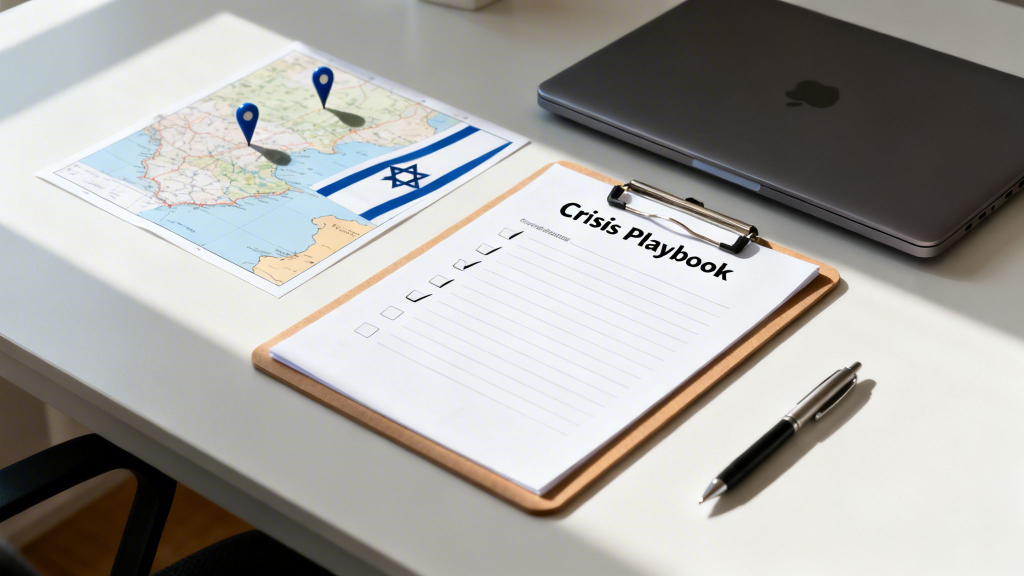 A crisis playbook on a desk with a map of Israel, location pins, and a laptop, lit by sunlight.