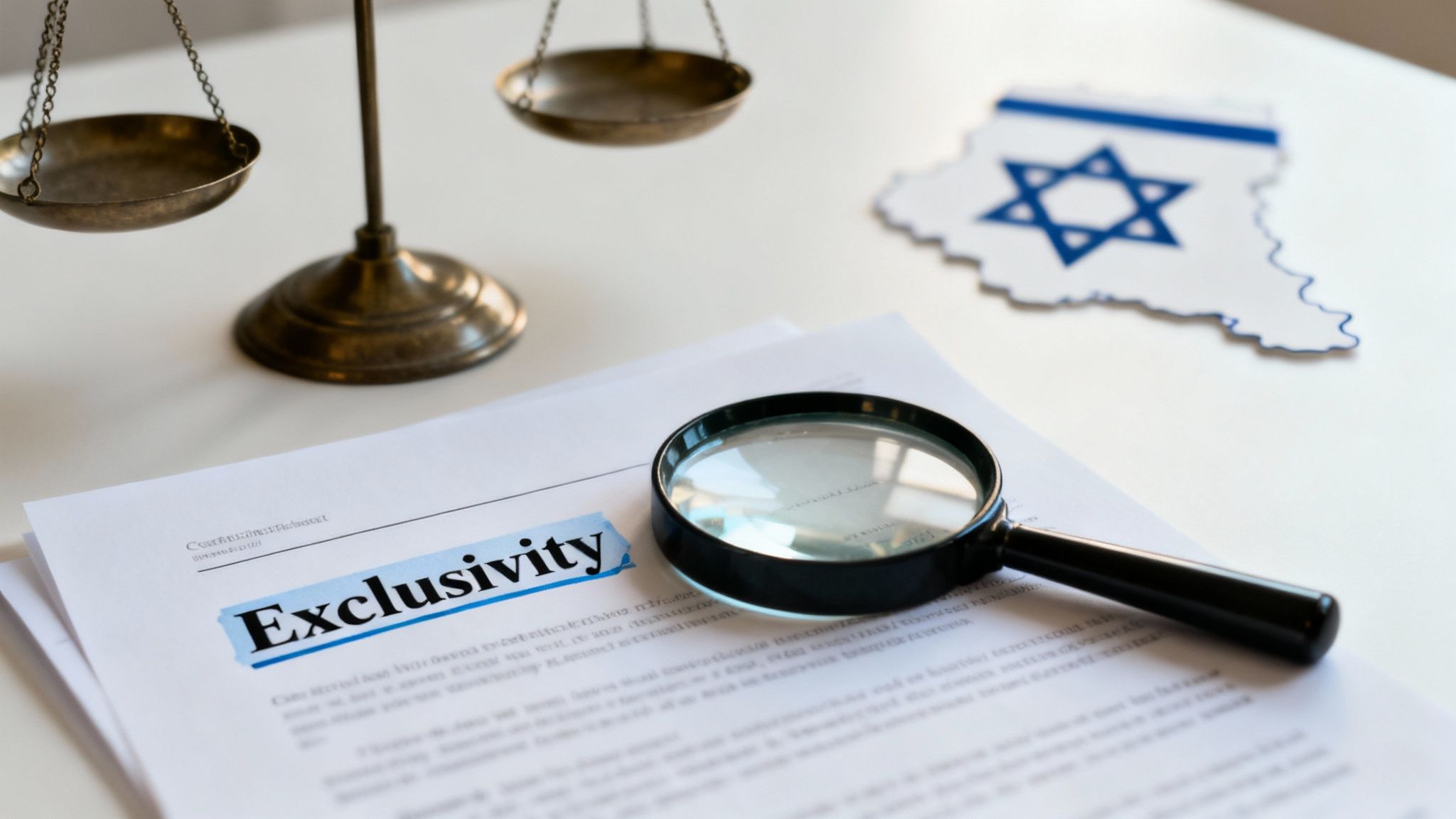 A scale of justice, 'Exclusivity' document, magnifying glass, and an Israeli map on a white table.