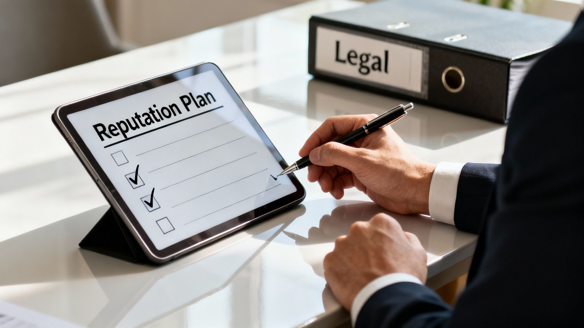 A person checking off items on a digital 'Reputation Plan' checklist on a tablet, with a 'Legal' binder in the background.