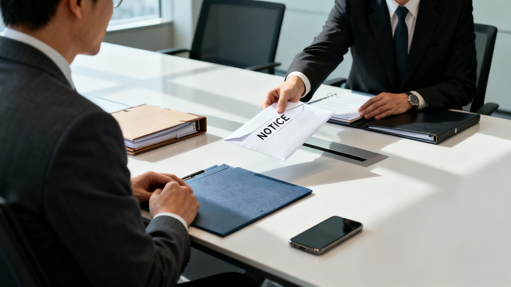 A businessman in a suit hands a 'NOTICE' envelope to another person across a white office desk.