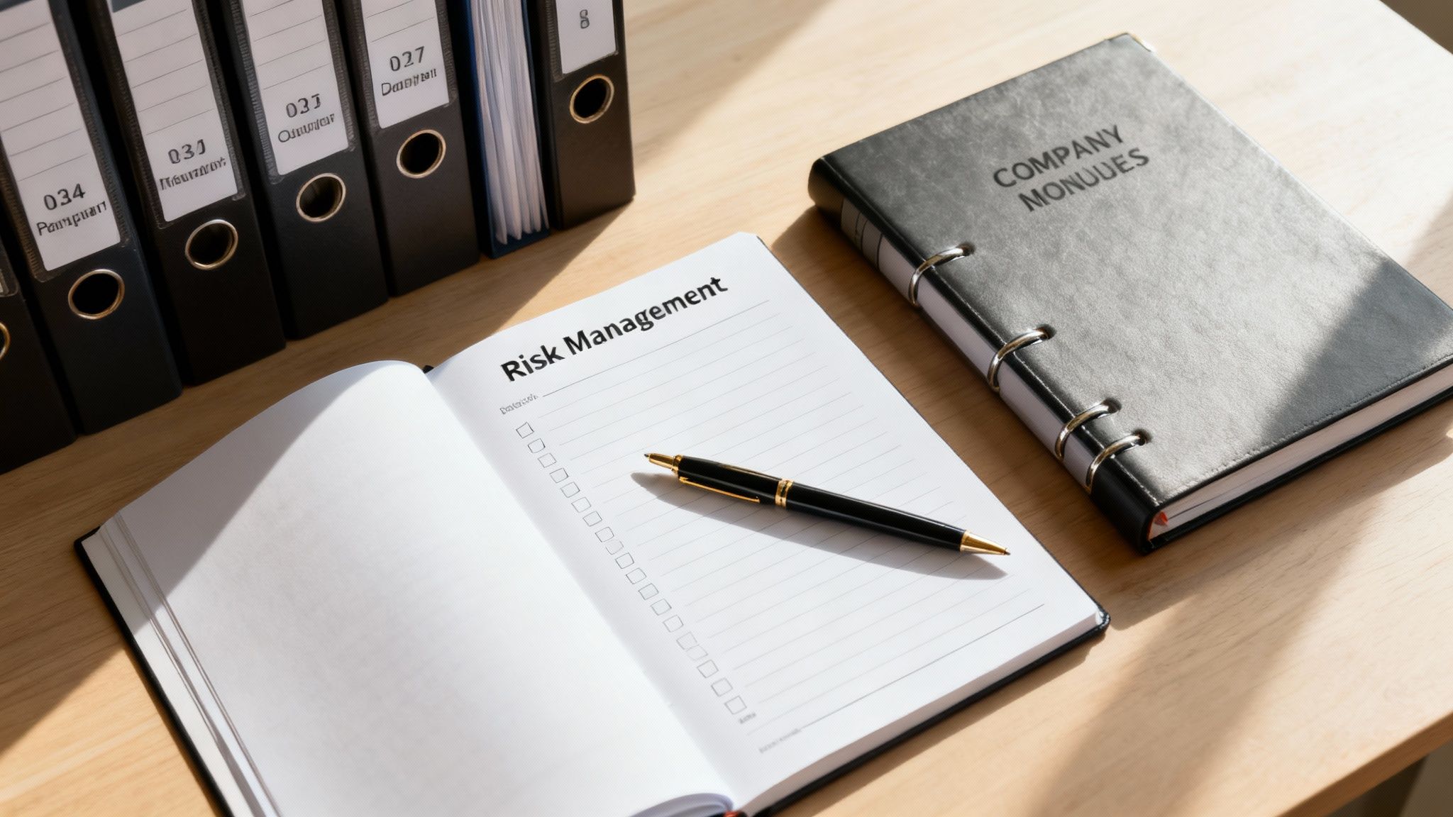 Desk setup with 'Risk Management' notebook, pen, corporate binders, and a company planner.