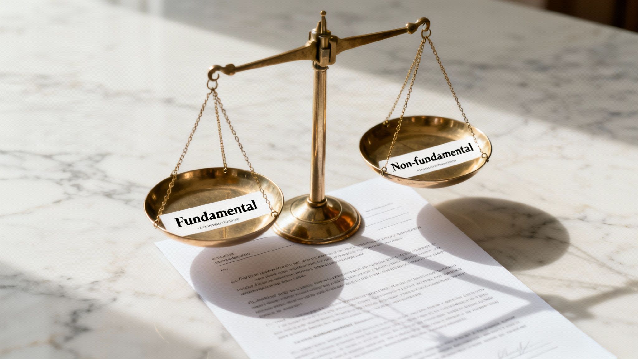 A brass balance scale weighs 'Fundamental' and 'Non-fundamental' on a marble desk with a contract.