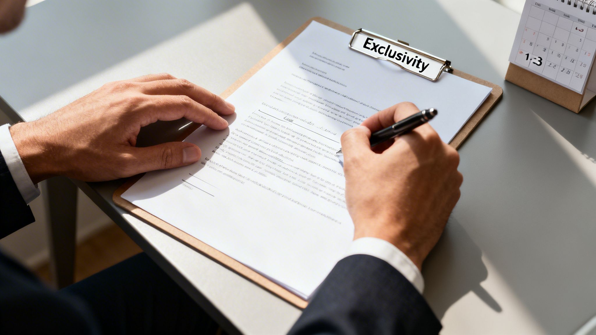Close-up of a person's hands writing on a document titled 'Exclusivity' on a clipboard, with a calendar nearby.