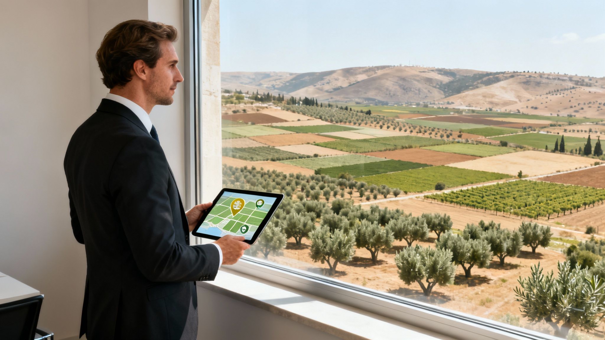 Businessman views agricultural fields on a tablet, overseeing a vast landscape of farms.