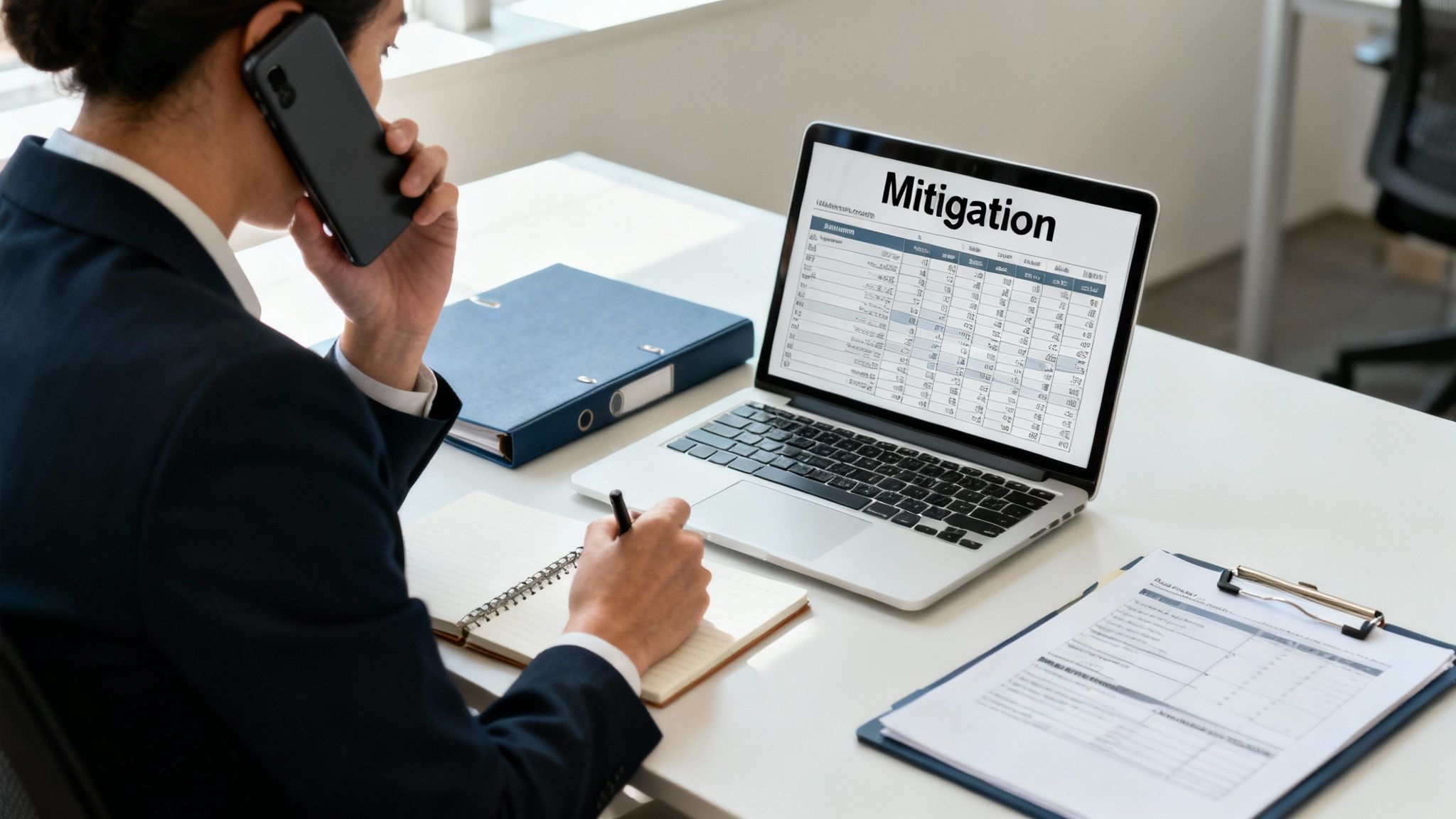 Businesswoman on a call, writing notes, and working on a laptop displaying a 'Mitigation' spreadsheet.
