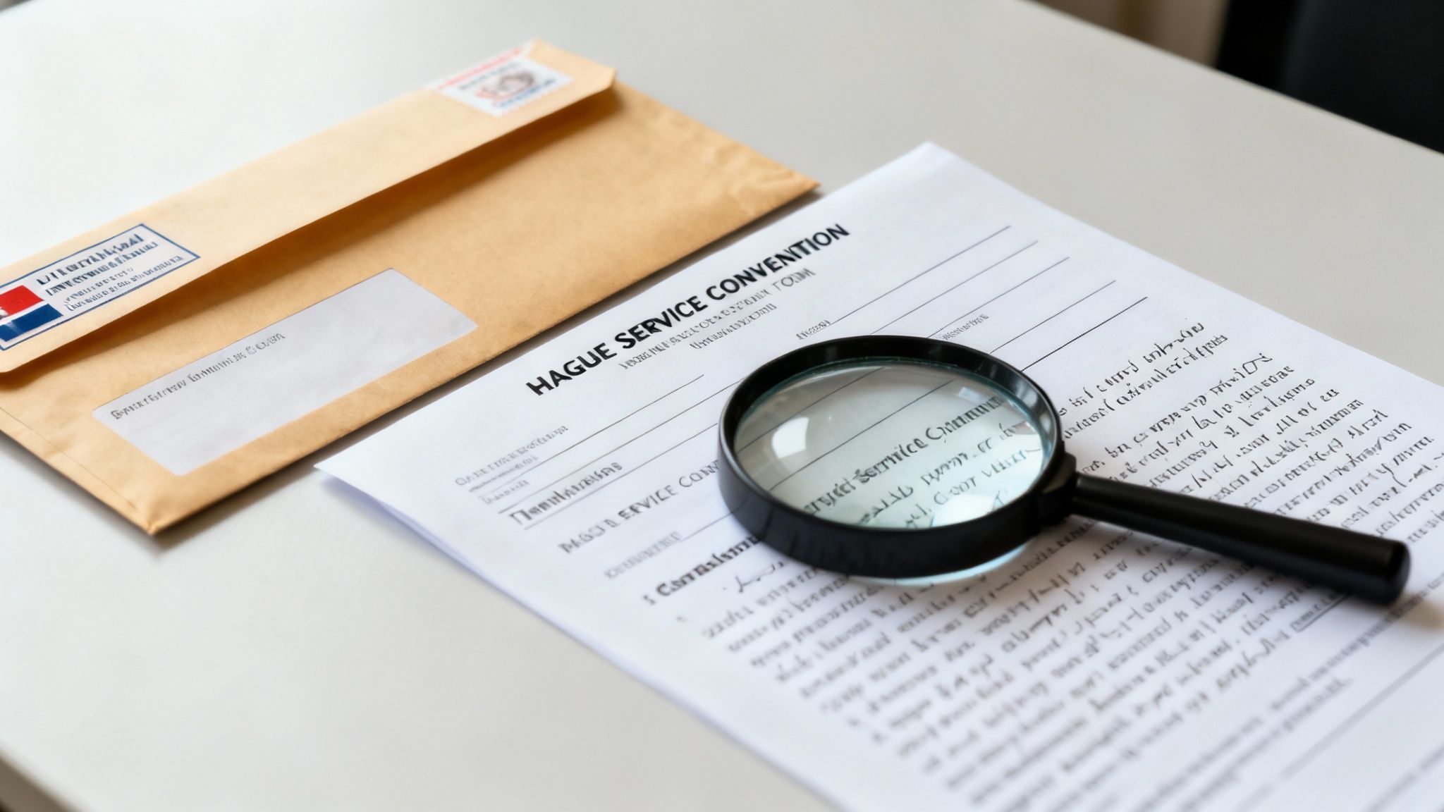 A magnifying glass rests on a legal document titled 'HAGUE SERVICE CONVENTION' next to an international envelope.