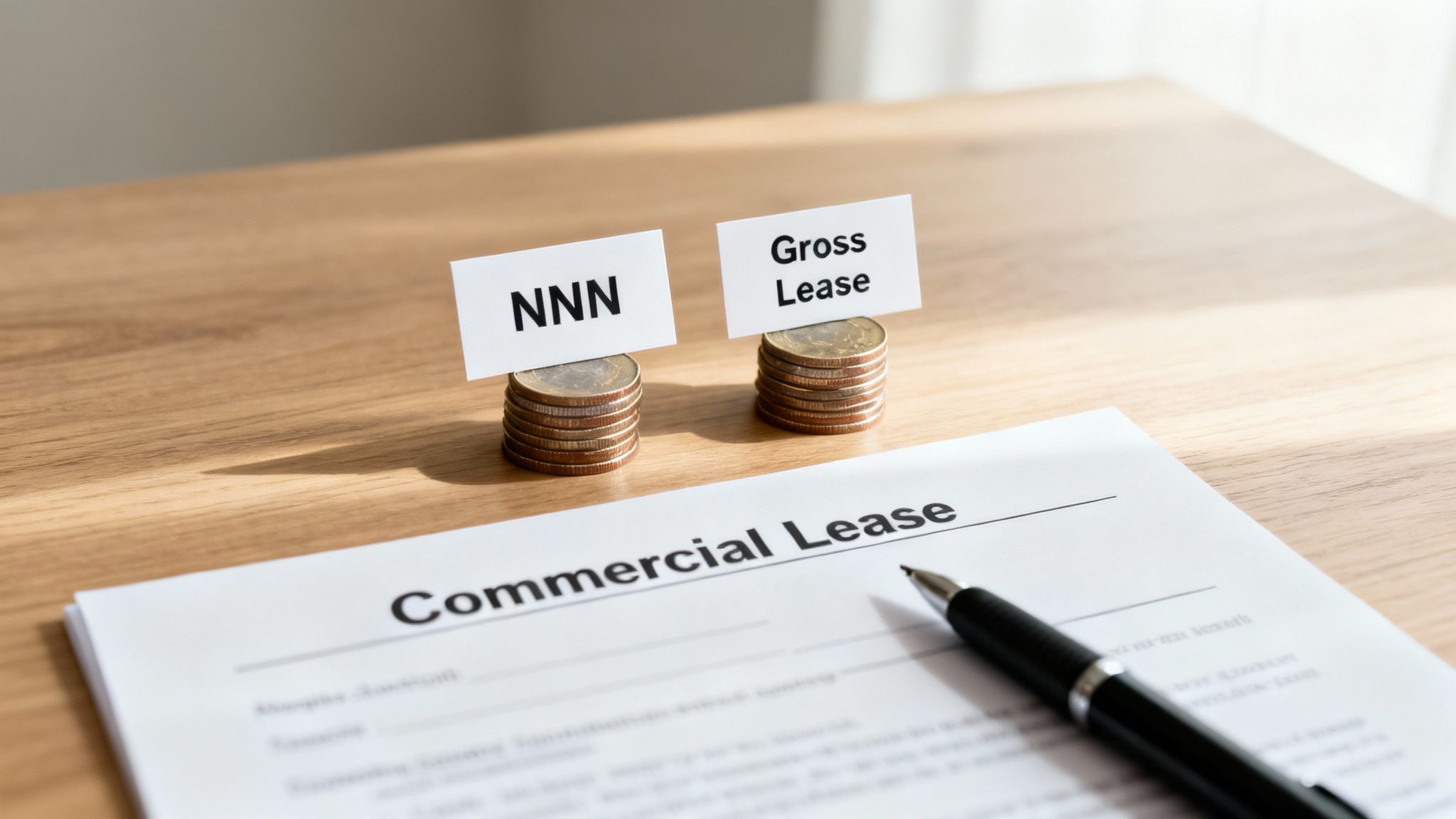 Stacks of coins labeled NNN and Gross Lease next to a commercial lease document, highlighting different leasing options.