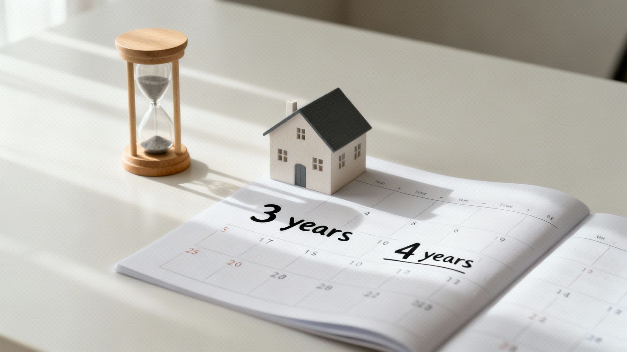 Miniature house, hourglass, and calendar with '3 years' and '4 years' highlight property planning timeline.