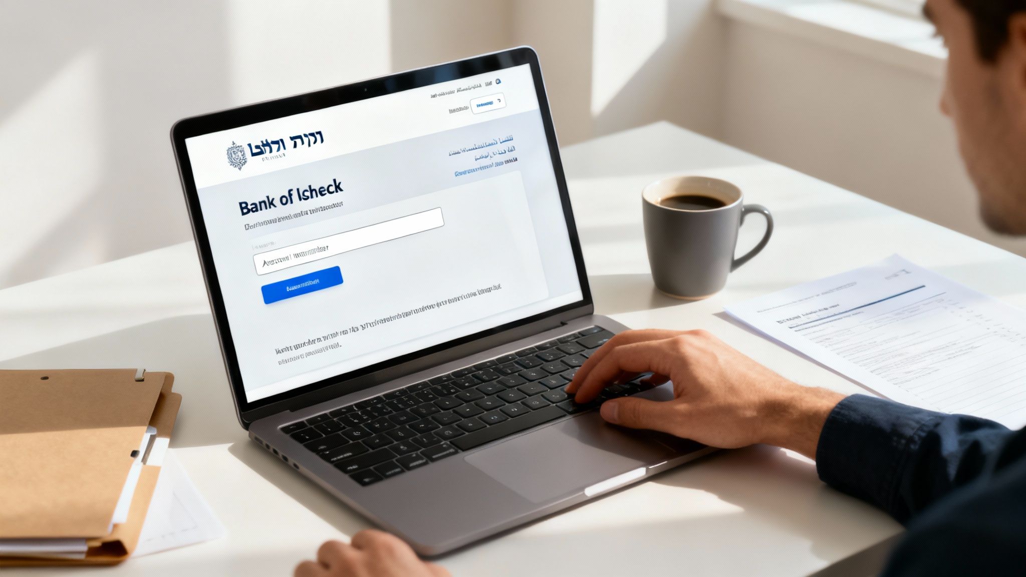אדם מבצע כניסה למערכת בנק אלשיך דרך מחשב נייד עם שדות להזנת שם משתמש וסיסמה
