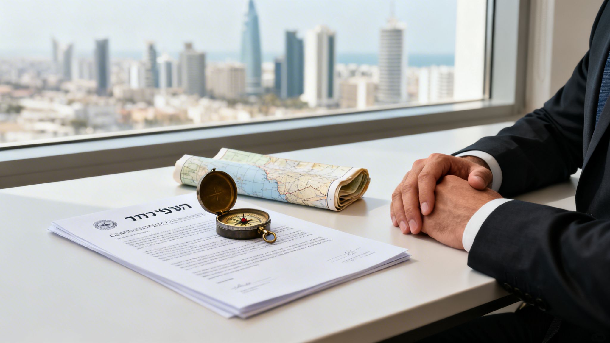 Businessman at a desk with legal documents, a compass, and a map, overlooking a cityscape.