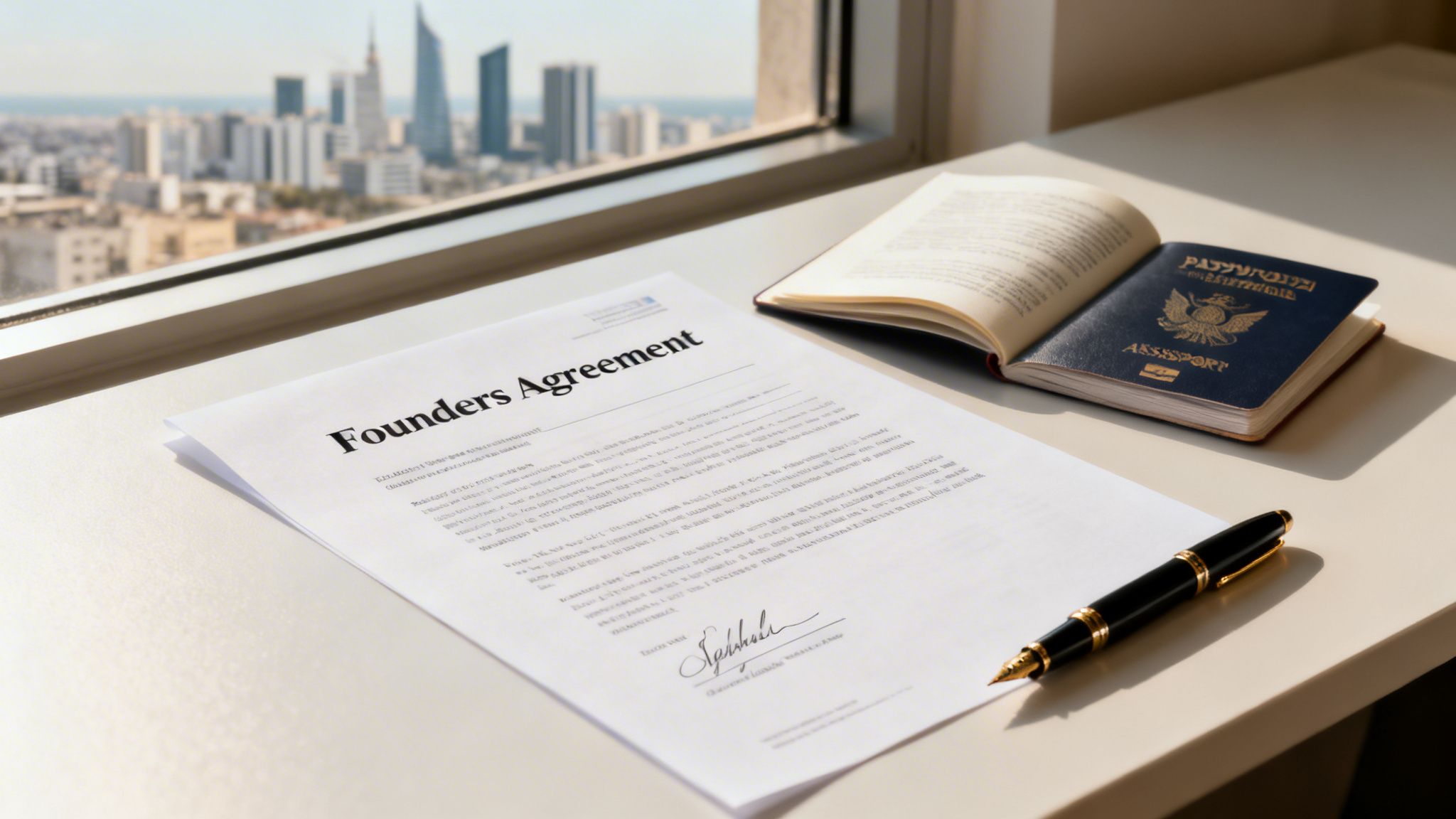 A Founders Agreement document, a pen, an open book, and a passport on a desk overlooking a city skyline.