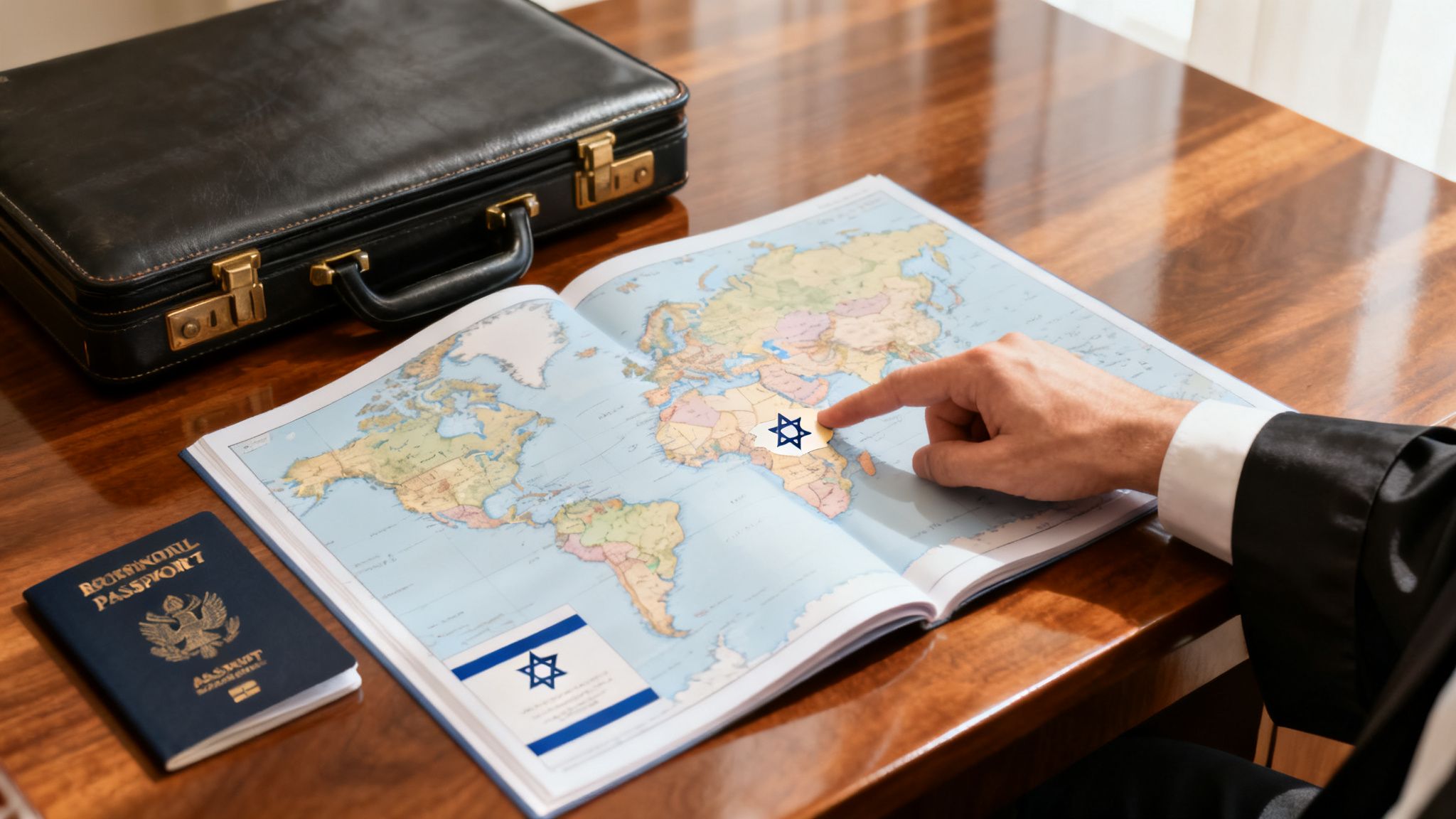 A person's hand points to Israel on a world map, with a passport and briefcase nearby.