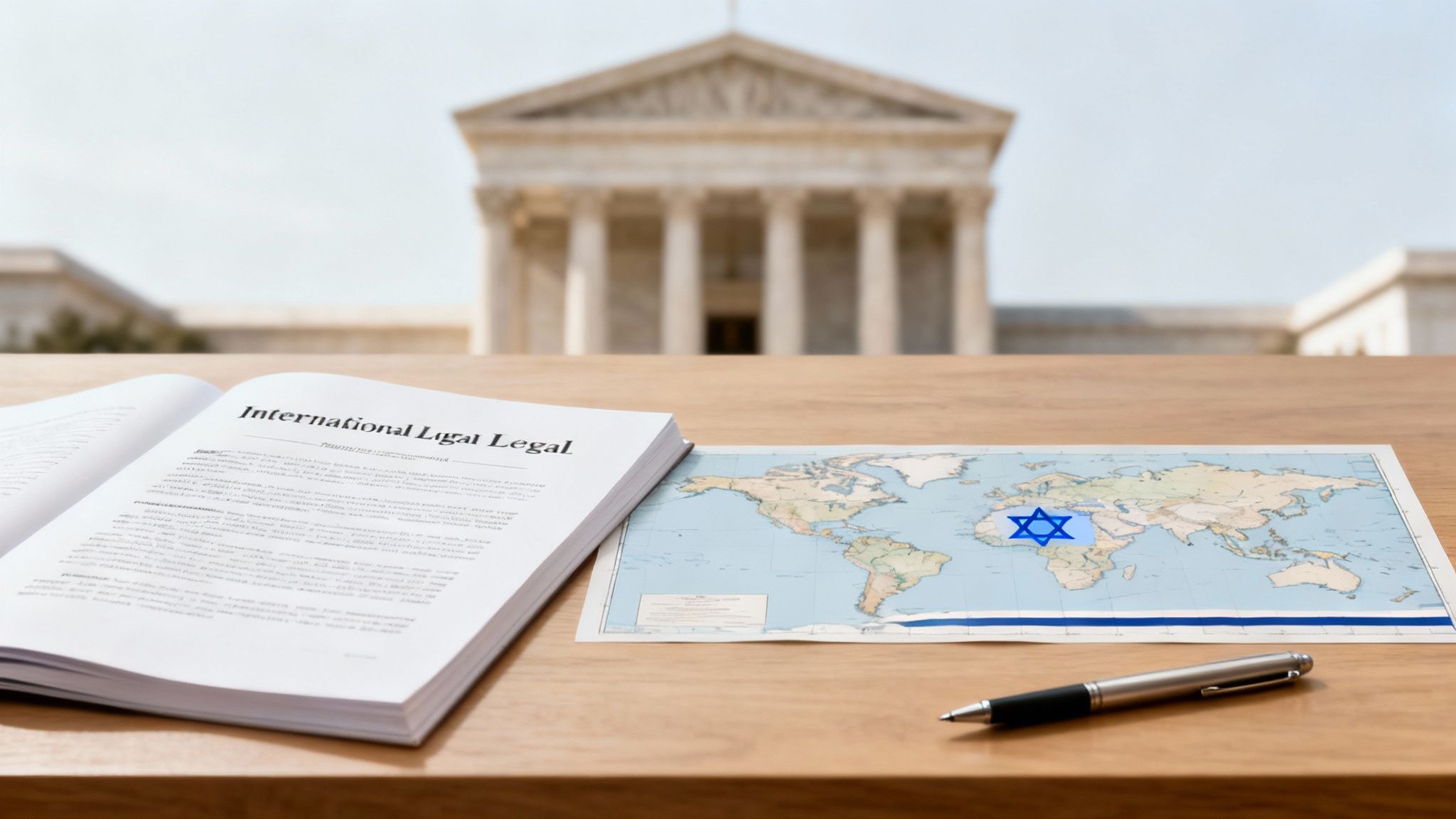 Open international law book, world map with Israeli flag, and pen on a table before a courthouse.