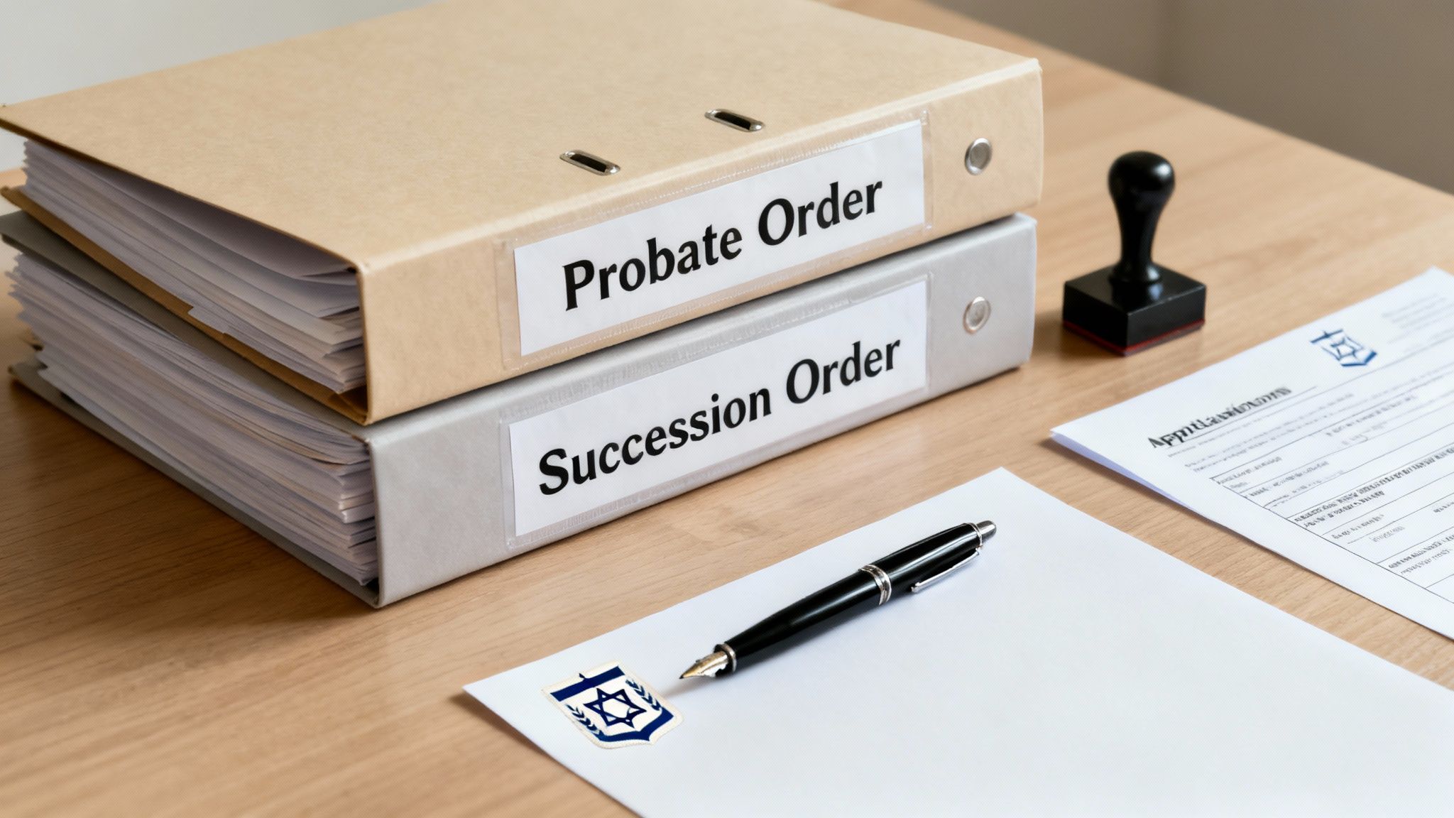 Binders labeled 'Probate Order' and 'Succession Order' on a desk with a pen, papers, and an Israeli emblem, signifying legal processes.