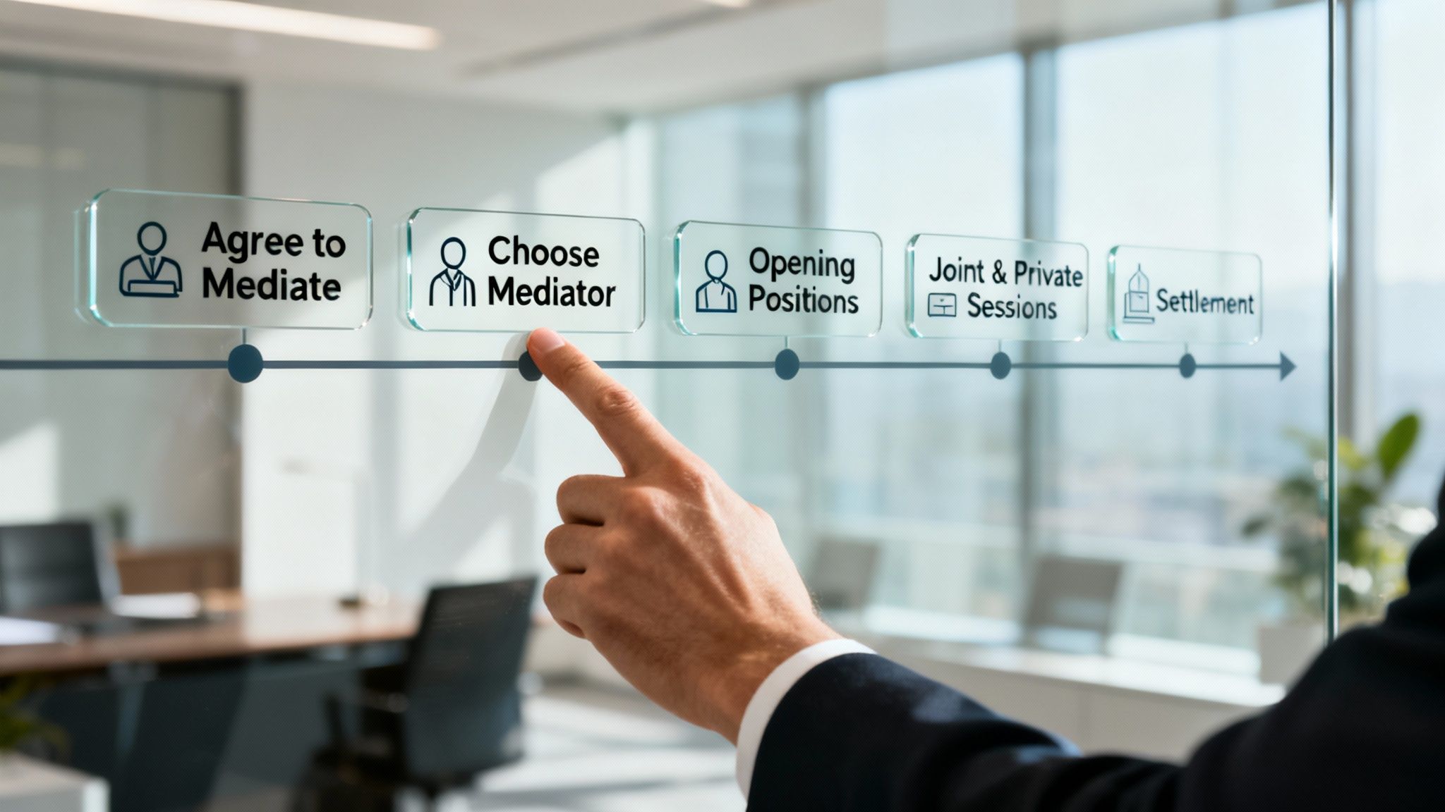 A hand points to 'Choose Mediator' on a digital timeline illustrating the business mediation process.