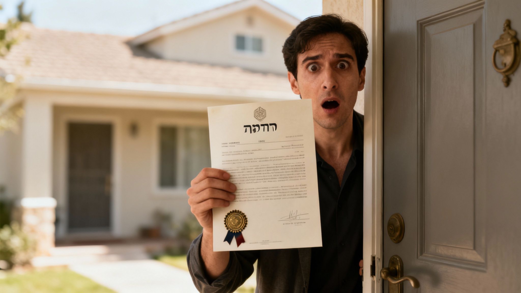 גבר מופתע מציץ מבעד לדלת, אוחז במסמך רשמי עם חותם, ככל הנראה משפטי.