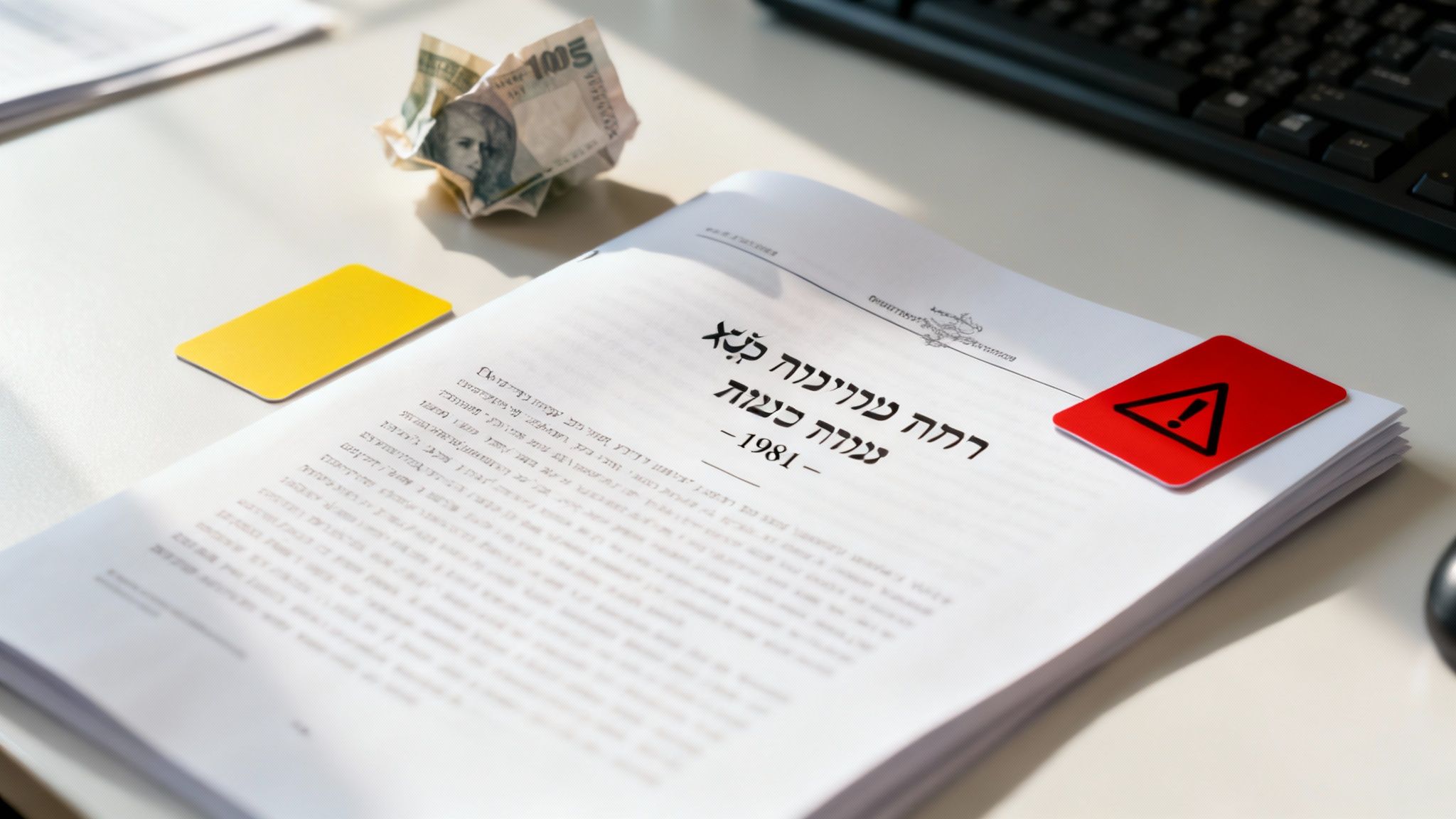 מסמכים על שולחן משרדי עם שטר מקומט, כרטיס צהוב וסימן אזהרה אדום