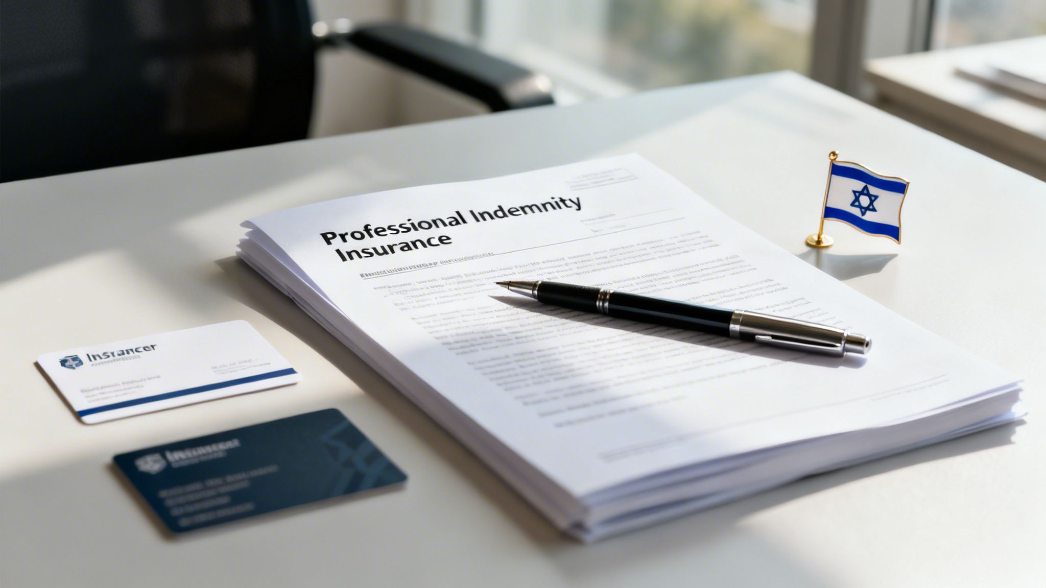 Professional Indemnity Insurance documents, a pen, business cards, and an Israeli flag on a desk.