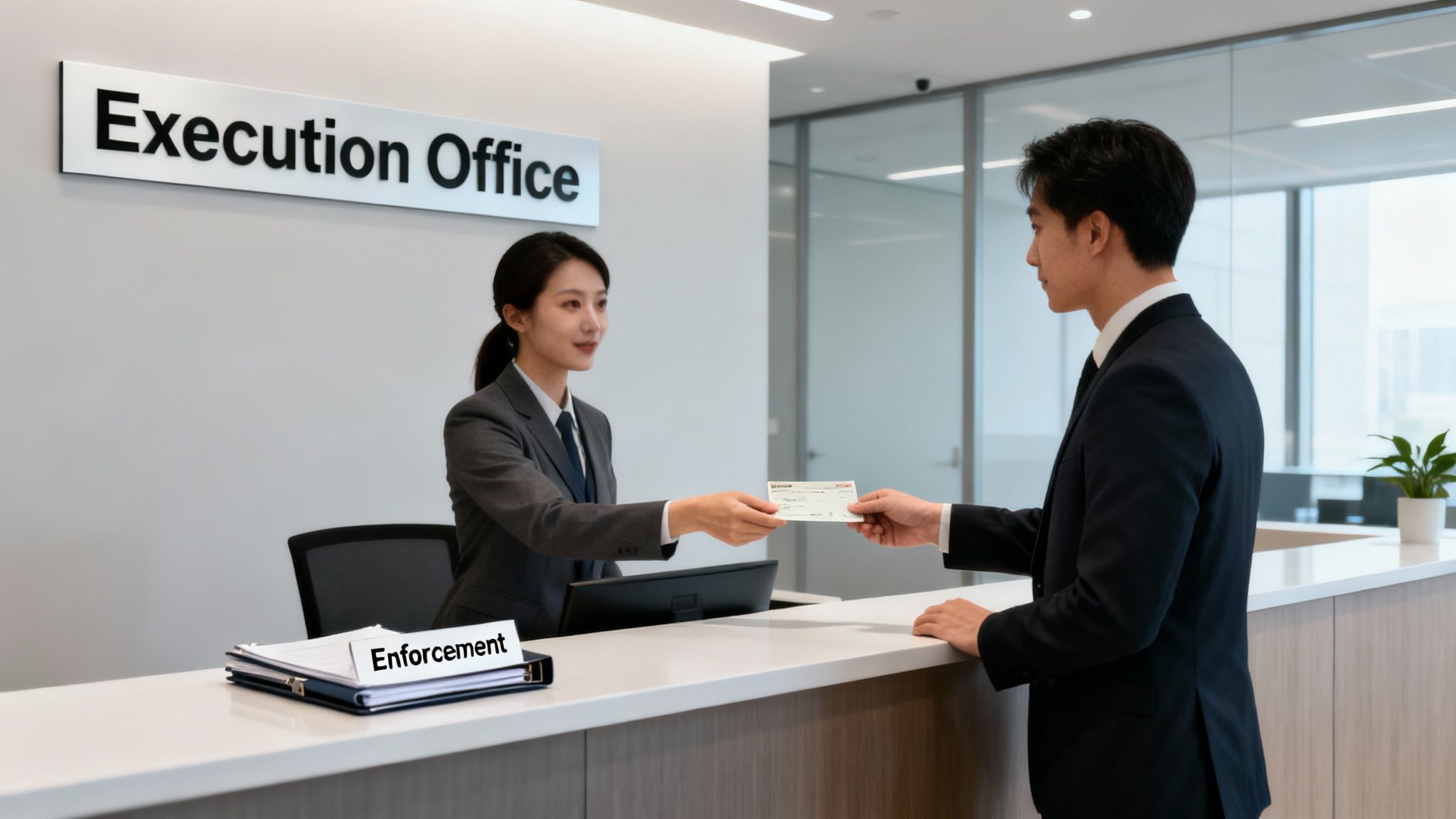 A woman at a reception desk hands a check to a man in a suit at an Execution Office.