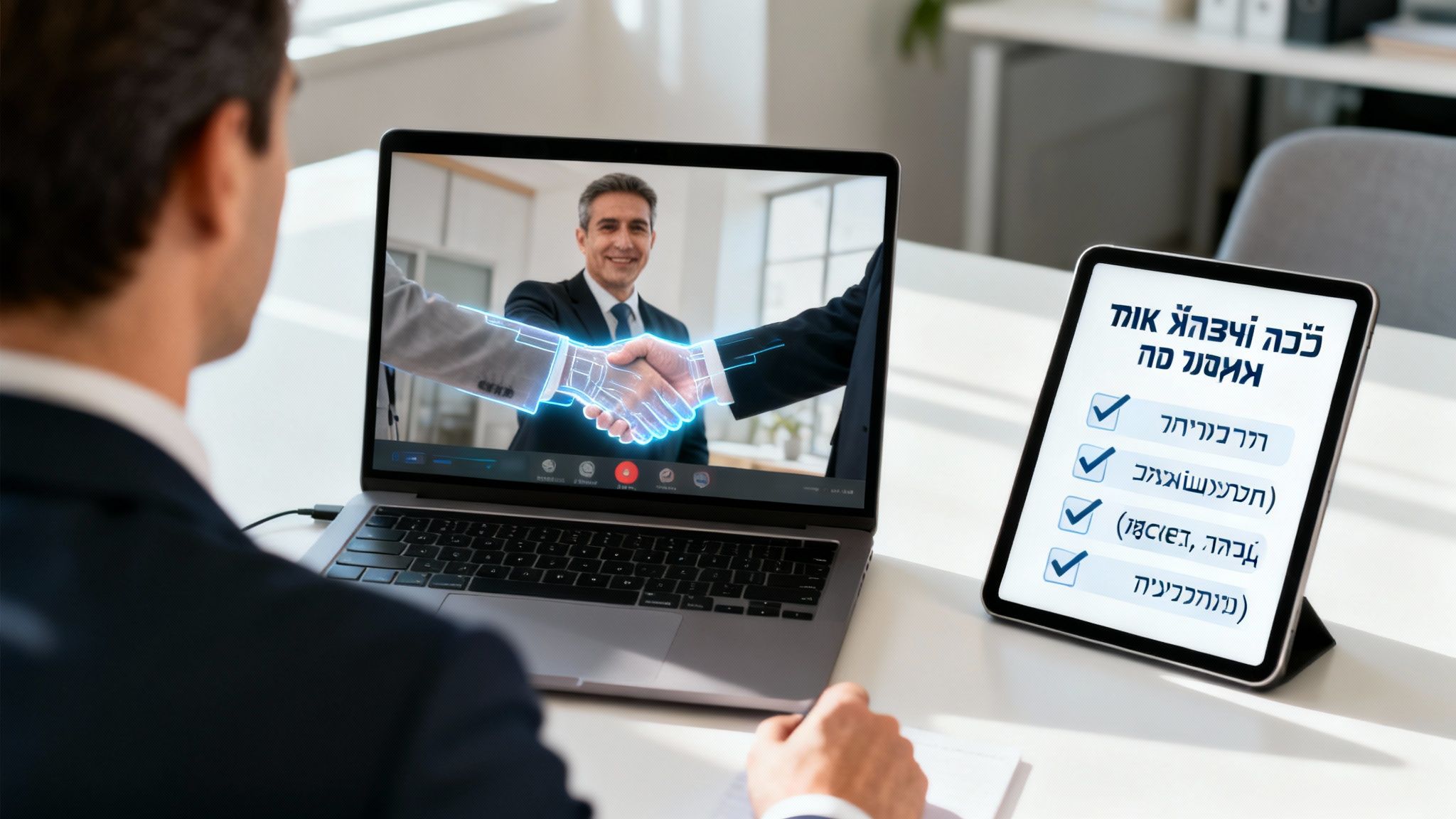 גבר במשרד צופה בלפטופ שיחת וידאו עם לחיצת יד דיגיטלית, וטאבלט המציג רשימת משימות בעברית.