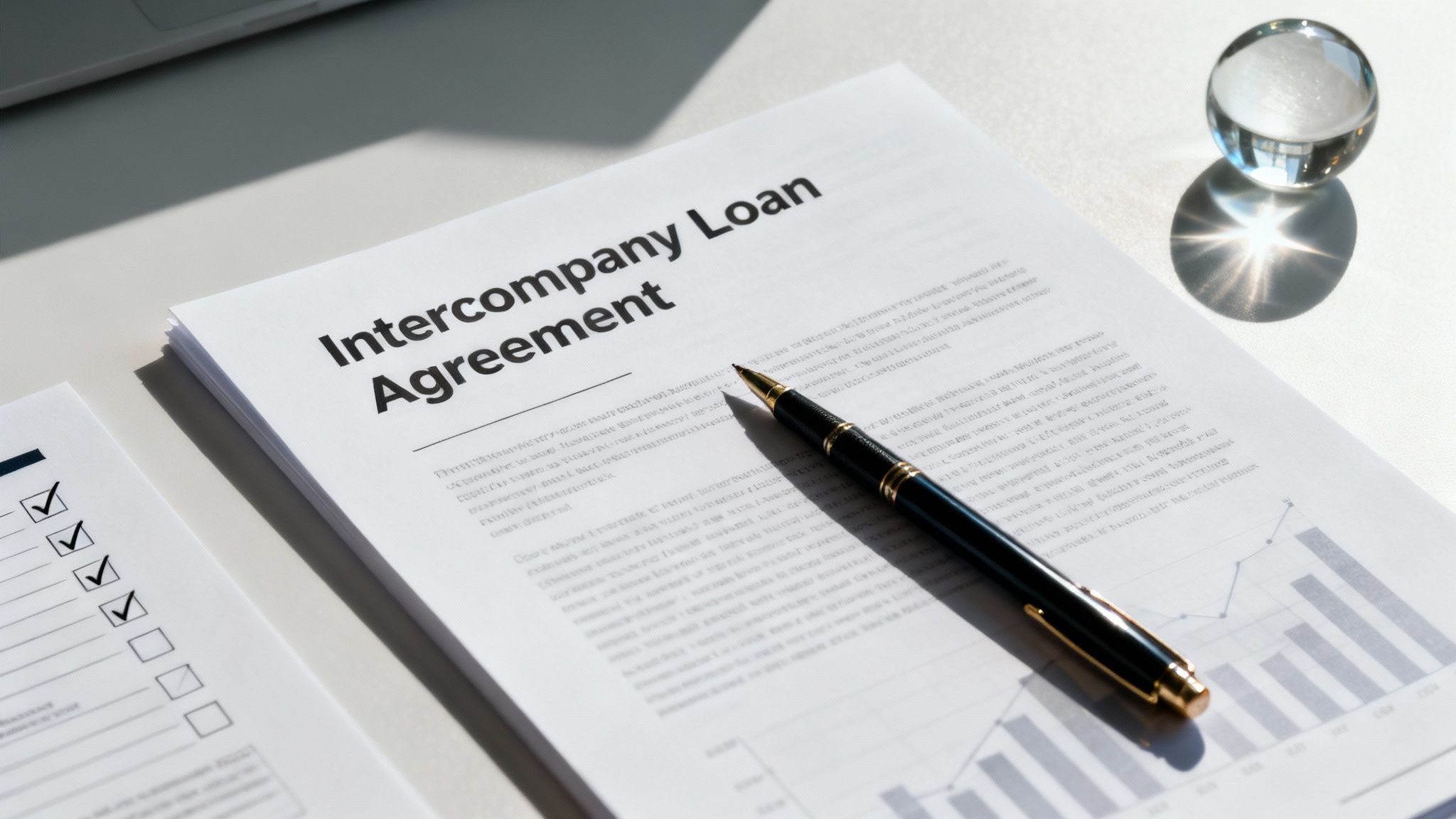 A document titled 'Intercompany Loan Agreement' with a pen, a glass sphere, and a checklist on a white desk.