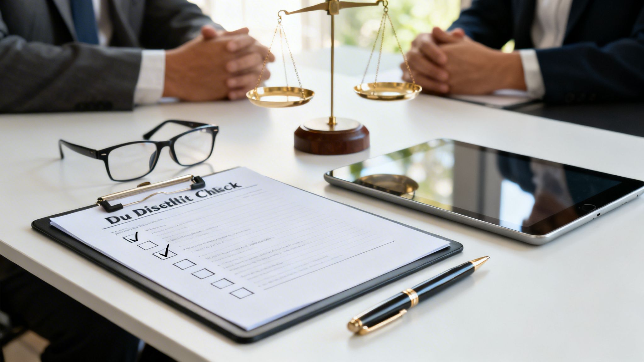 A lawyer's desk with a scale of justice, checklist, glasses, tablet, and two men talking.