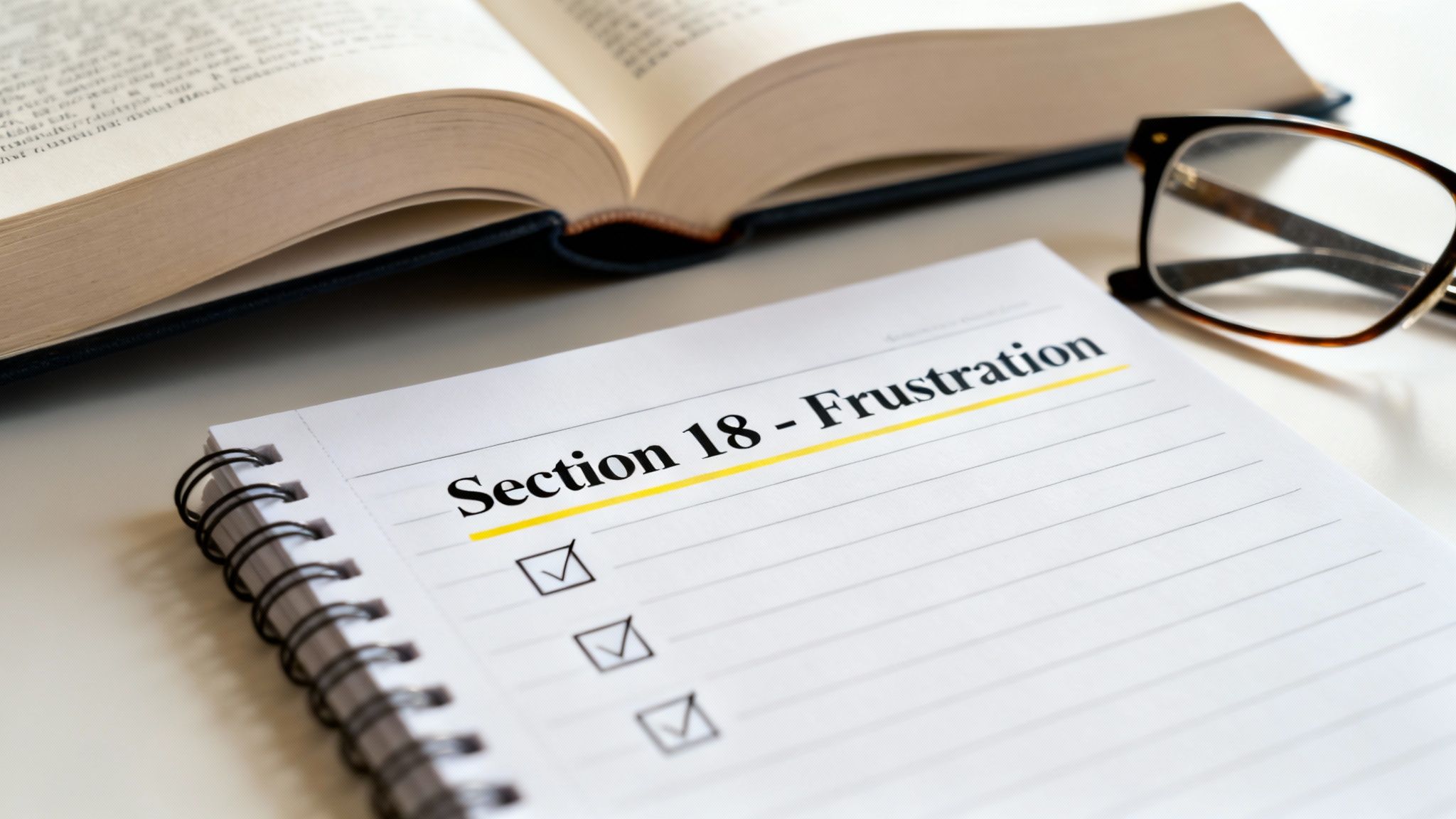 A spiral notebook titled 'Section 18 - Frustration' with checked boxes, an open book, and glasses.