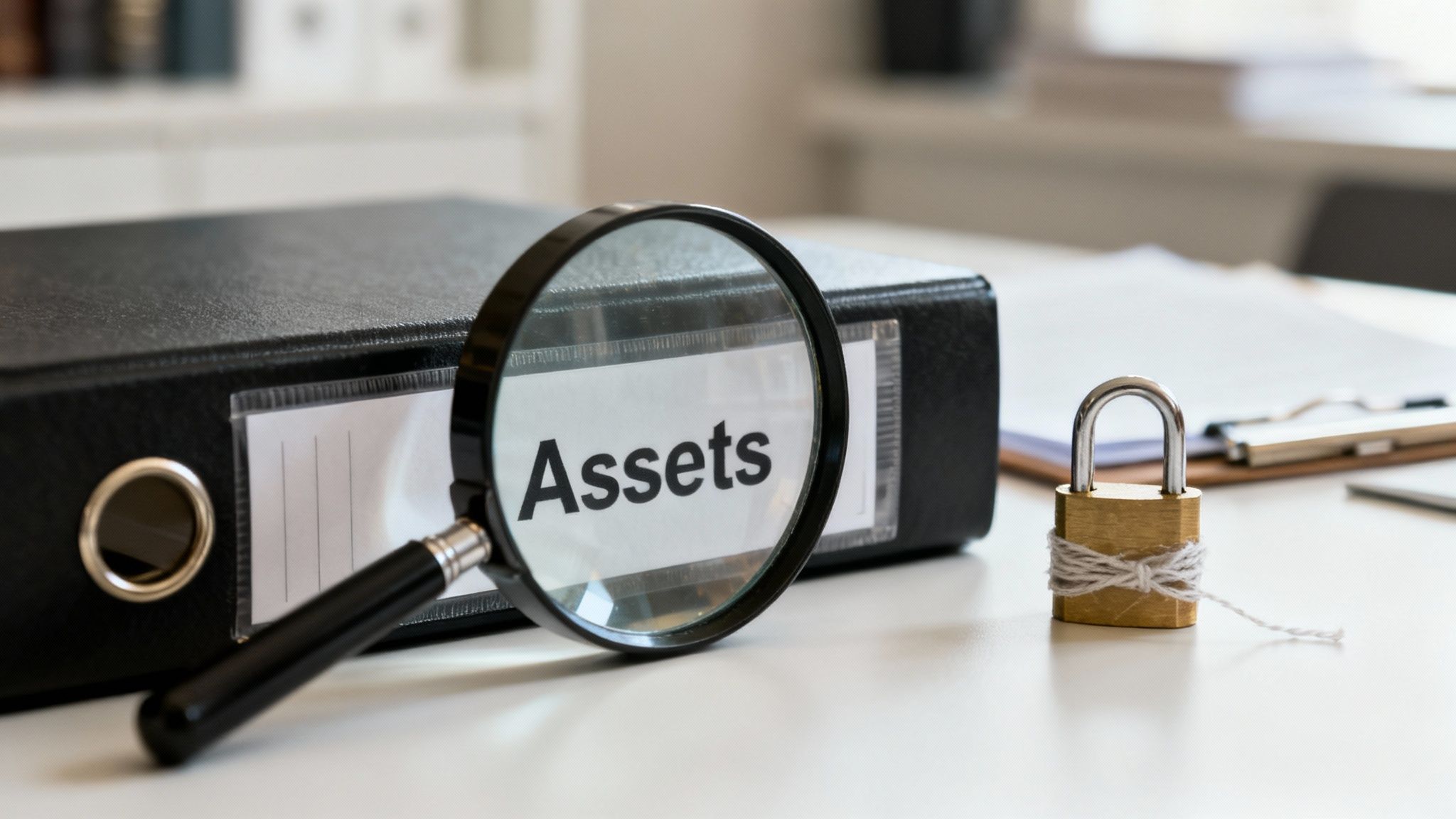 A magnifying glass highlights 'Assets' on a binder, next to a padlock symbolizing financial security.