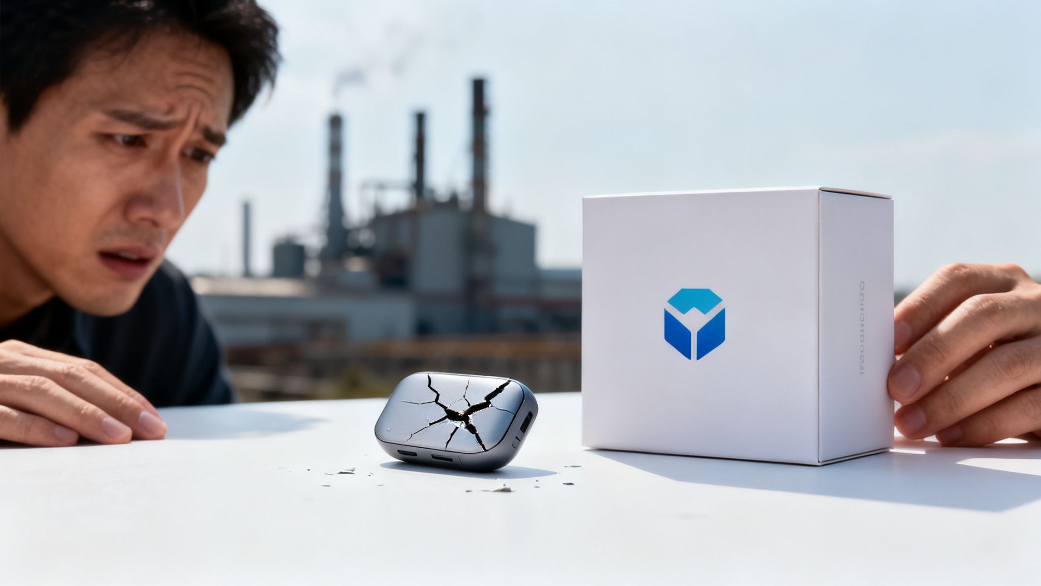 A man looks worriedly at a cracked device and a new product box outdoors.