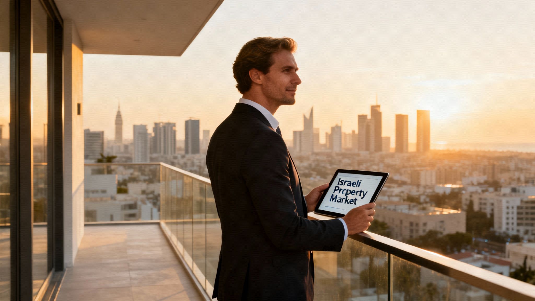 A man in a suit on a high-rise balcony, holding a tablet displaying 'Israeli Property Market' against a sunset city view.