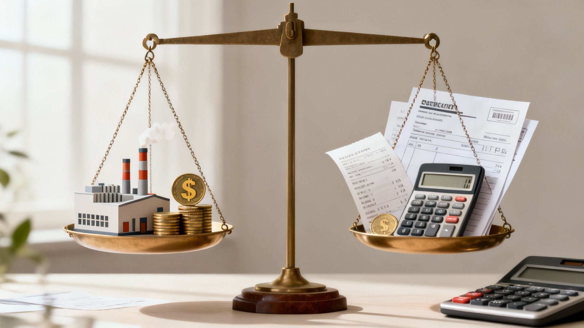 A balanced scale comparing a miniature factory and money on one side with bills, a calculator, and money on the other.