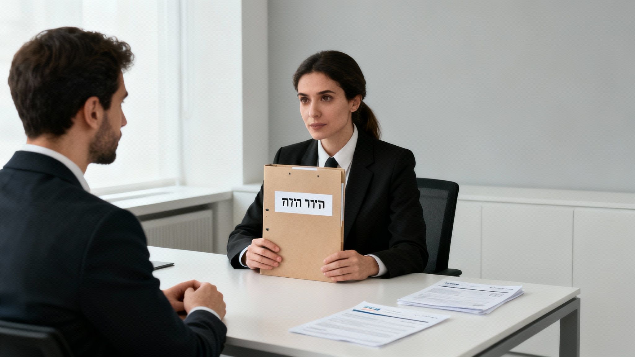 אישה וגבר יושבים זה מול זה בפגישה עסקית, האישה מחזיקה תיקיה עם מסמכים.