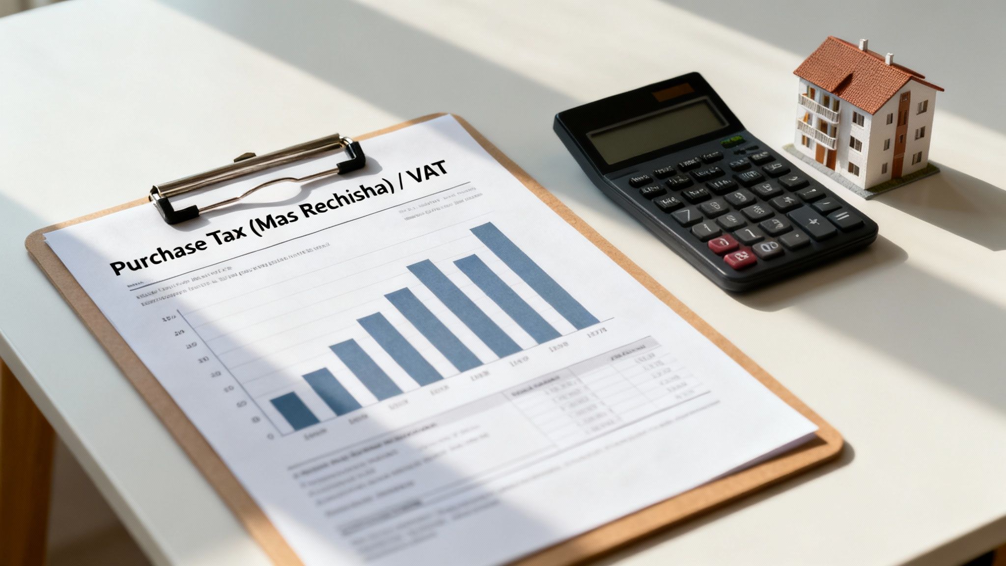 Document on clipboard showing purchase tax/VAT, a calculator, and a model house for home buying costs.