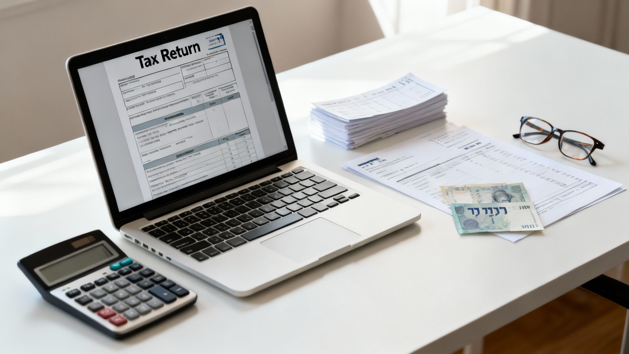 A tax return form on a laptop screen, calculator, documents, and Israeli money on a white desk.