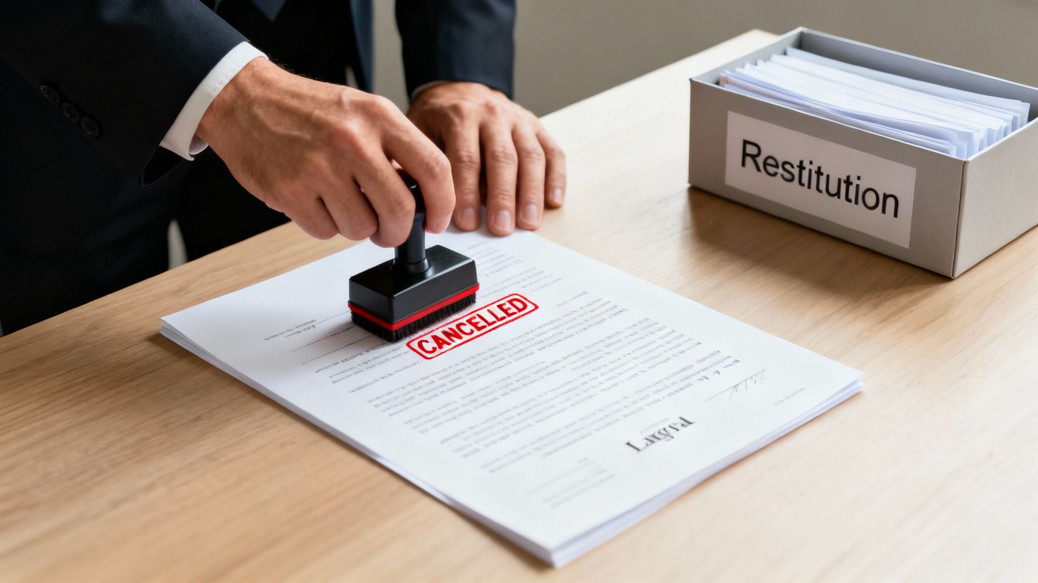 A person stamps a contract document with 'CANCELLED' next to a box labeled 'Restitution'.