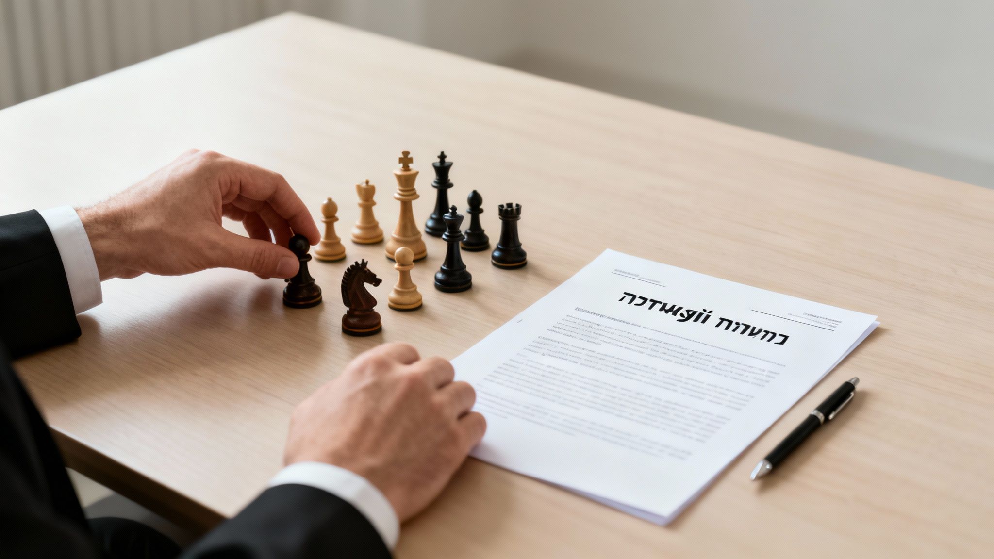 אדם בחליפה מזיז כלי שחמט על שולחן עץ, לצד מסמך משפטי ועט, מדגיש אסטרטגיה ועסקים.