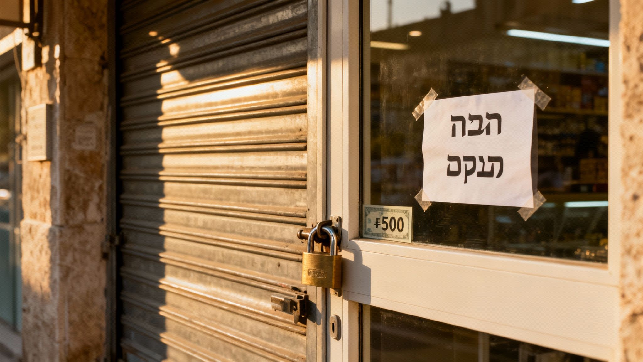 דלת חנות נעולה עם מנעול וכרזה בעברית 'הכה תעסק' מודבקת על חלון הזכוכית