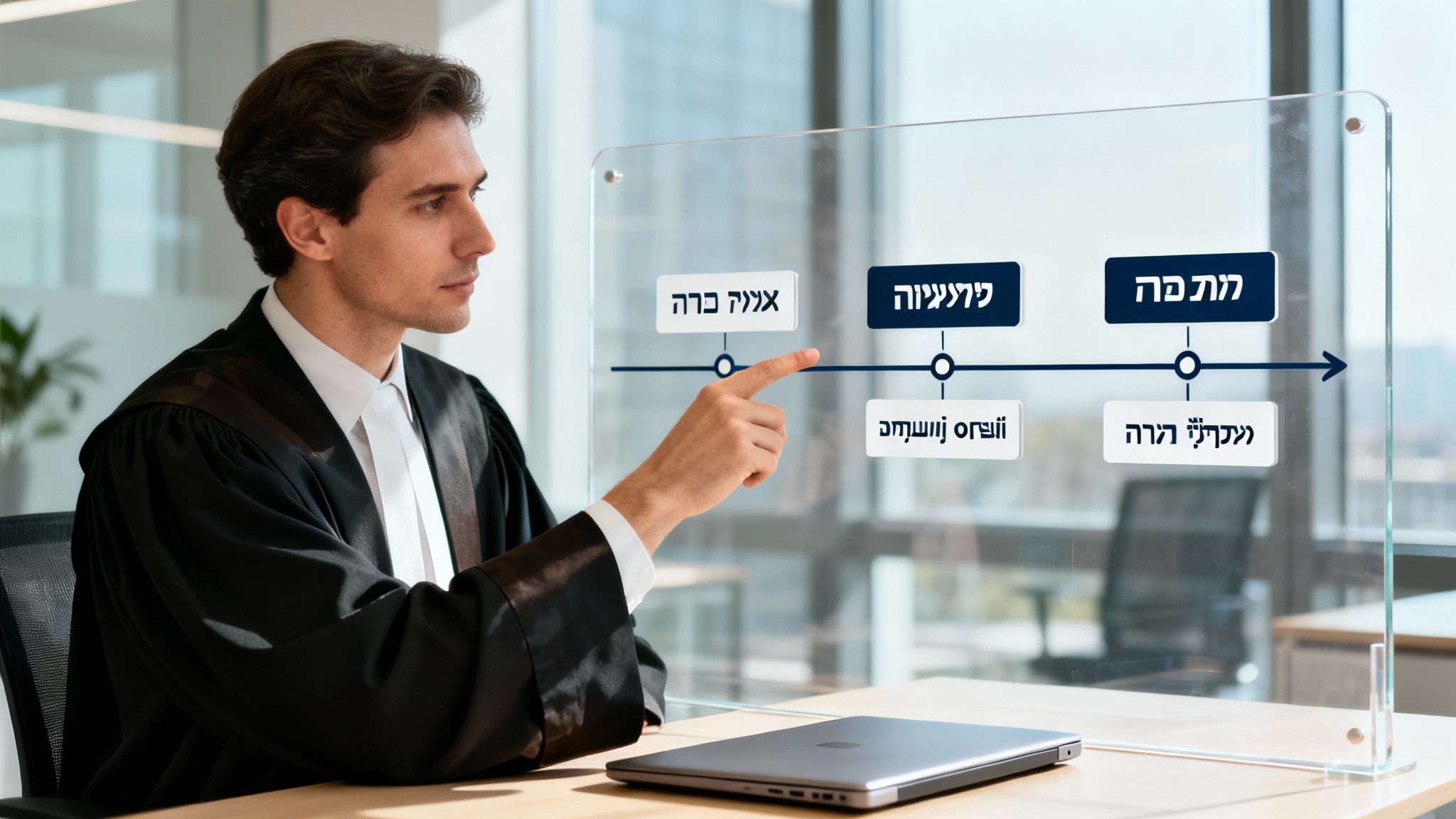 עורך דין ישראלי במשרדו מצביע על מסך שקוף המציג ציר זמן משפטי.