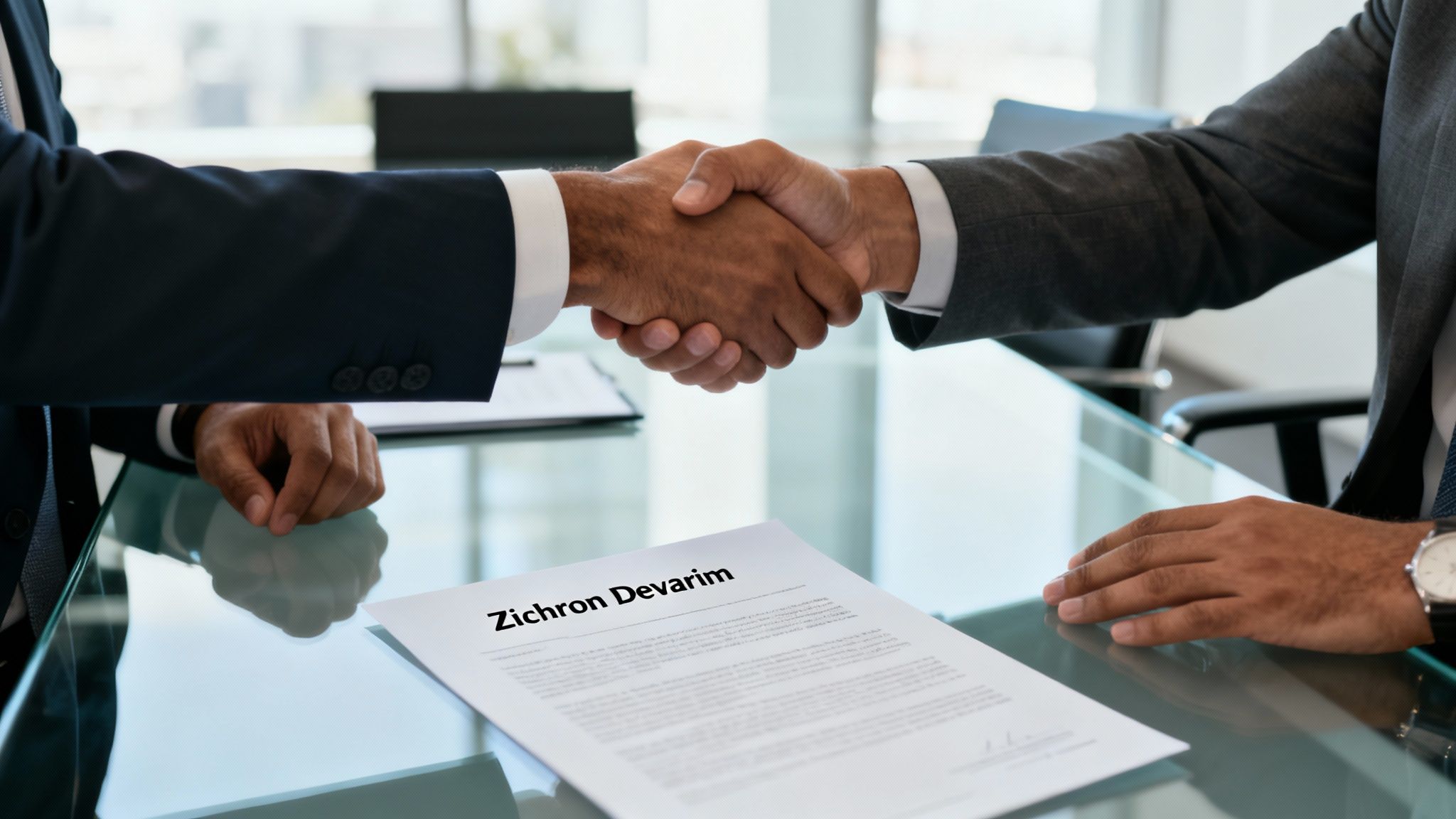 Two businessmen shaking hands over a document titled 'Zichron Devarim' in a modern office.