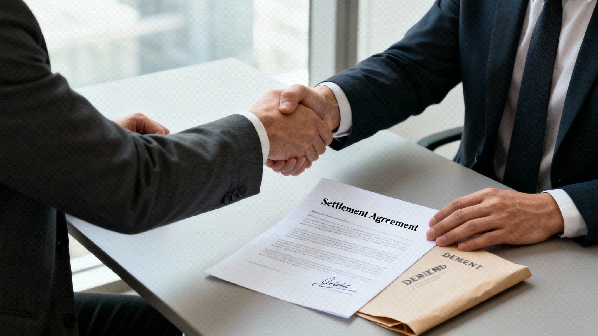 Two business people in suits shake hands over a signed settlement agreement document.