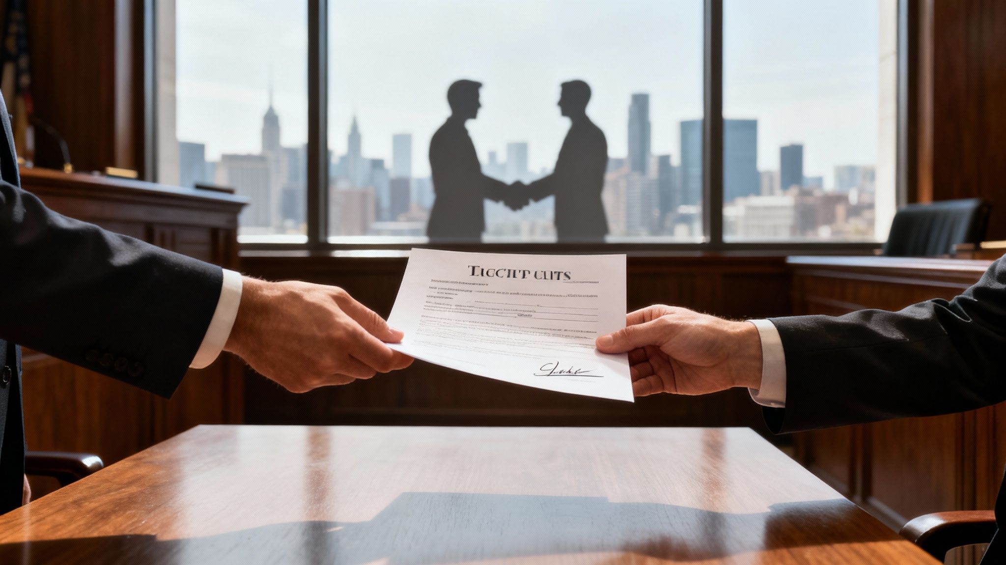 Two men in suits exchange a contract over a table, with business silhouettes and a city view in the background.