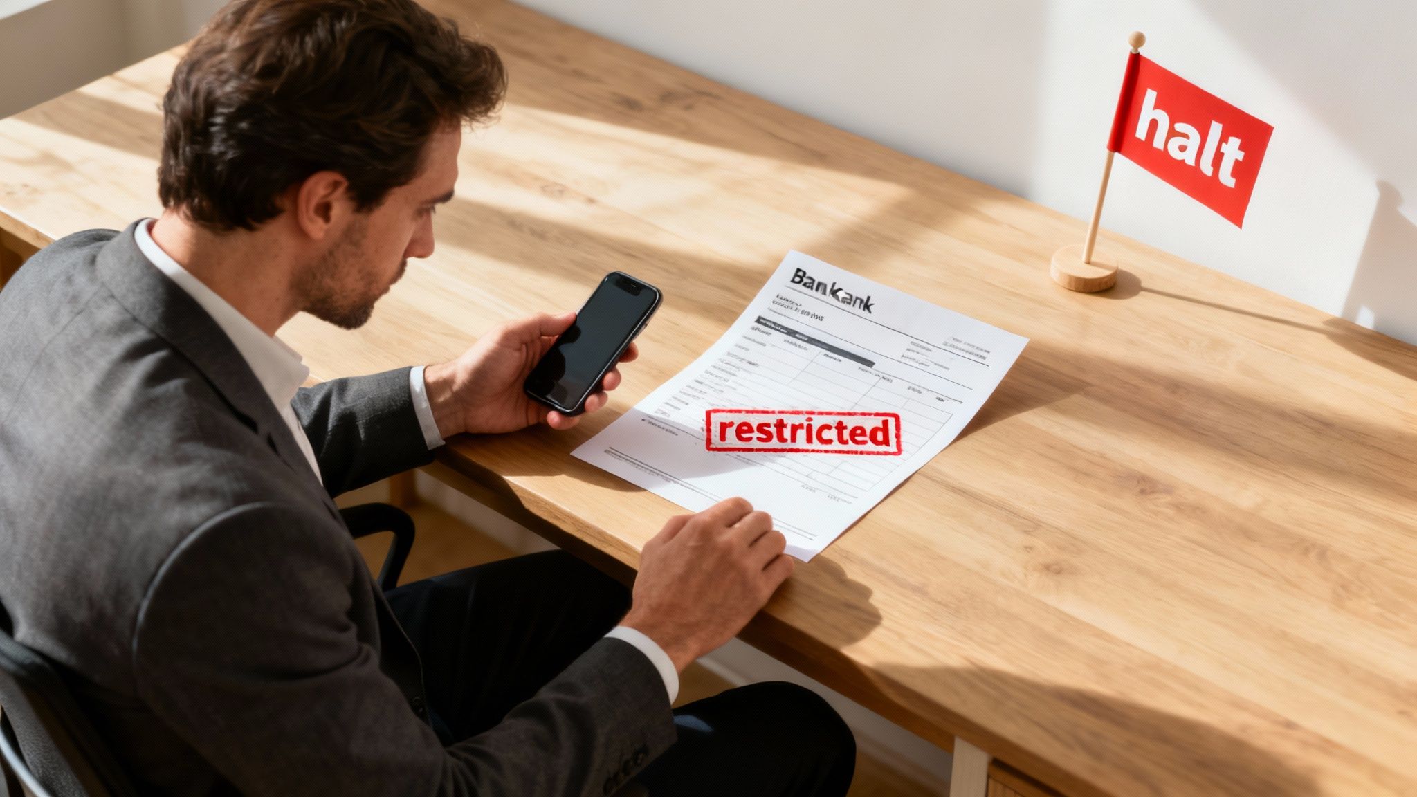 גבר מודאג מחזיק טלפון ומביט במסמך בנקאי עם חותמת "מוגבל", ודגל "עצור".