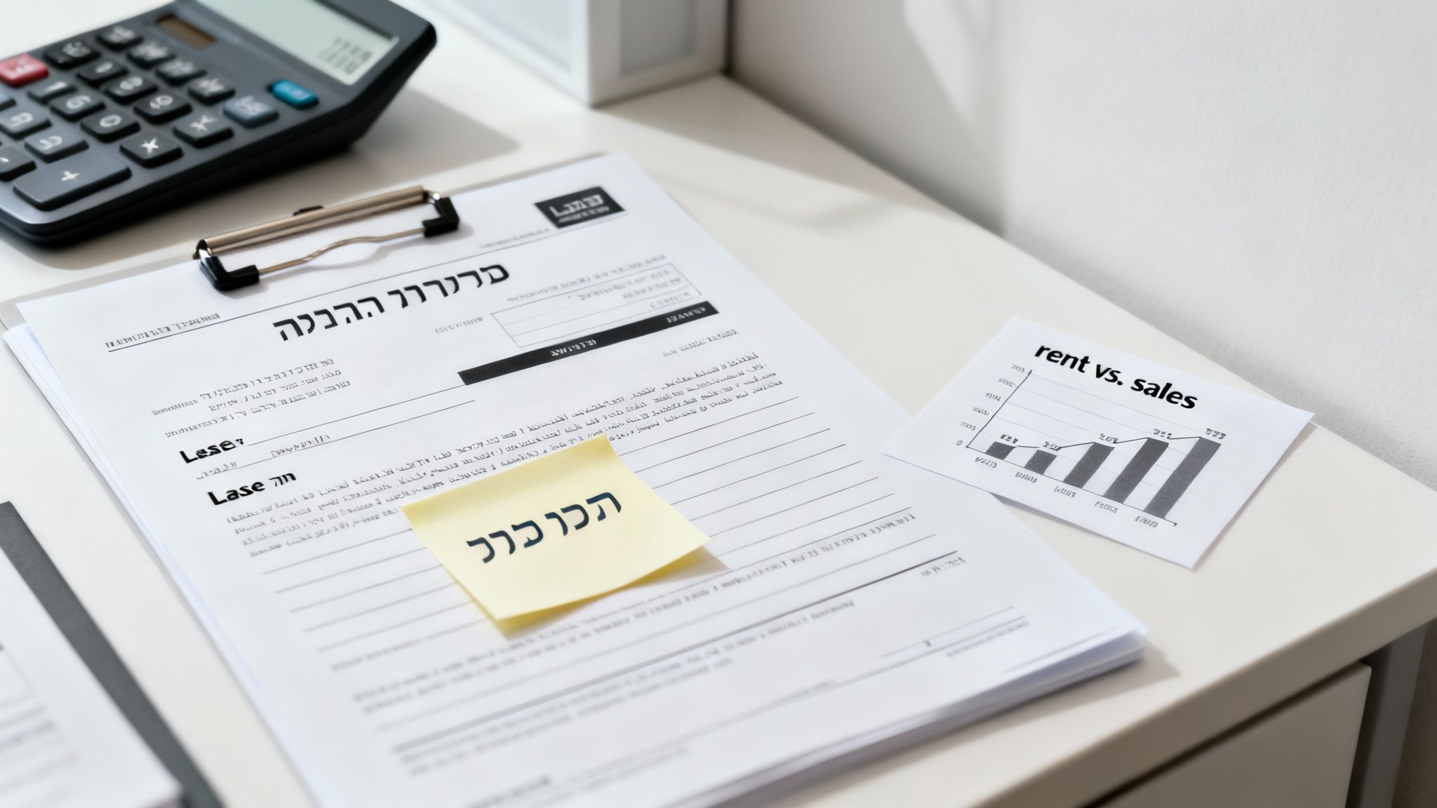 A desk with documents, a calculator, a page with a 'Rent vs. Sales' graph, and a yellow sticky note.