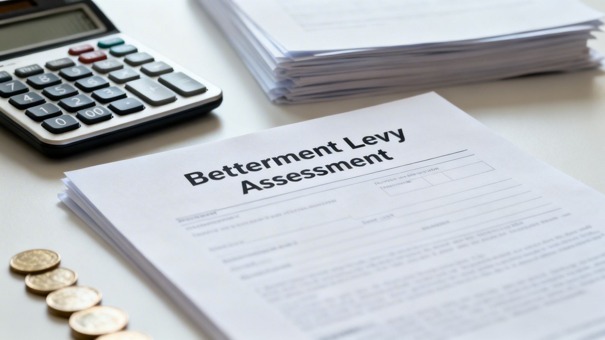 A 'Betterment Levy Assessment' document, calculator, and coins on a white desk.