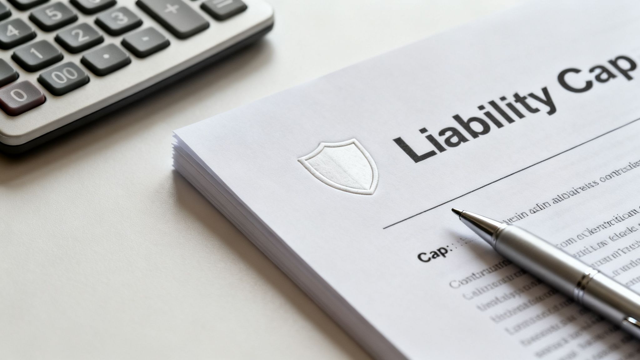 A document titled 'Liability Cap' with a shield icon and a pen, next to a calculator.