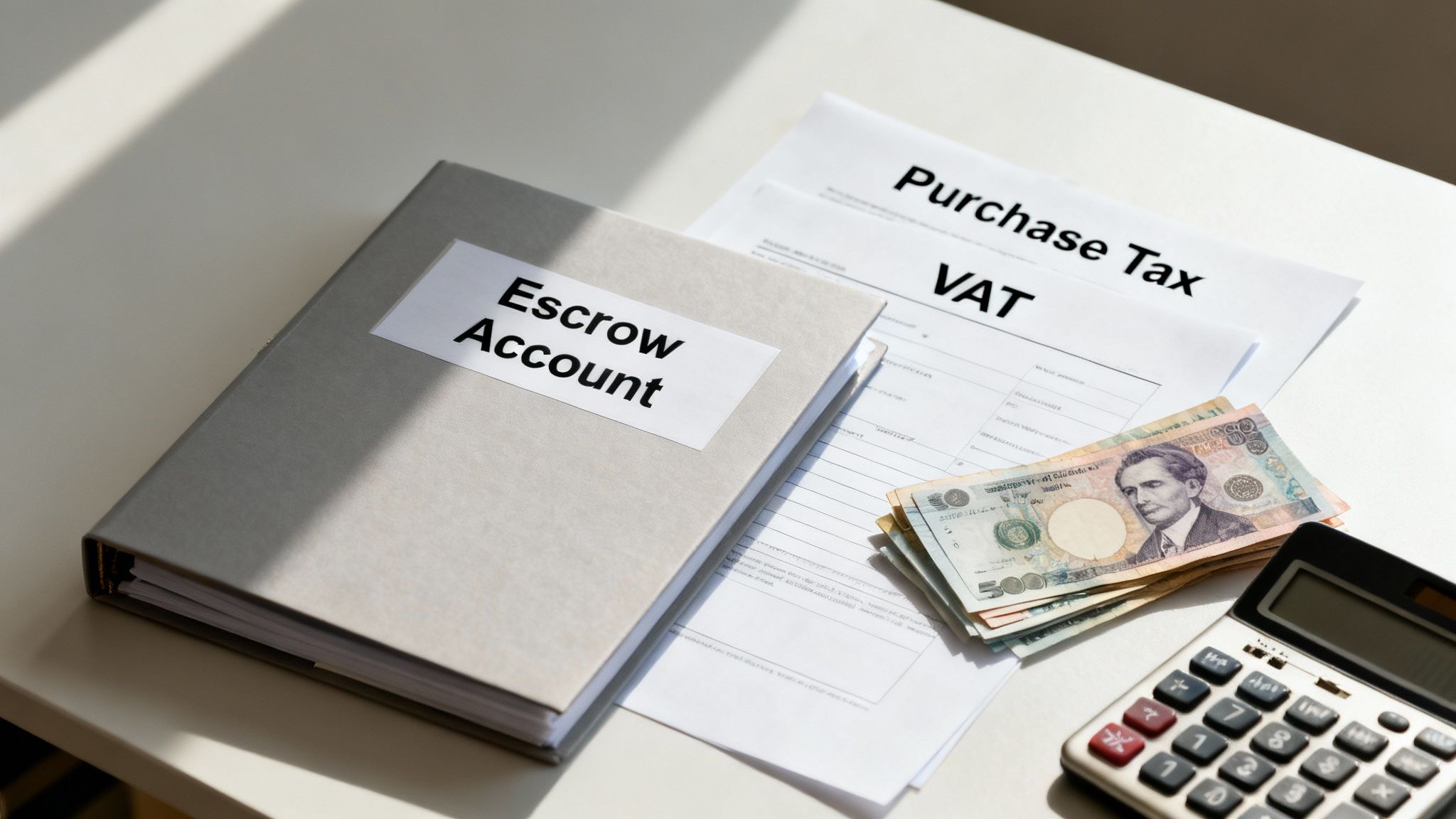 Documents for buying property including an Escrow Account, Purchase Tax, VAT, money, and calculator.