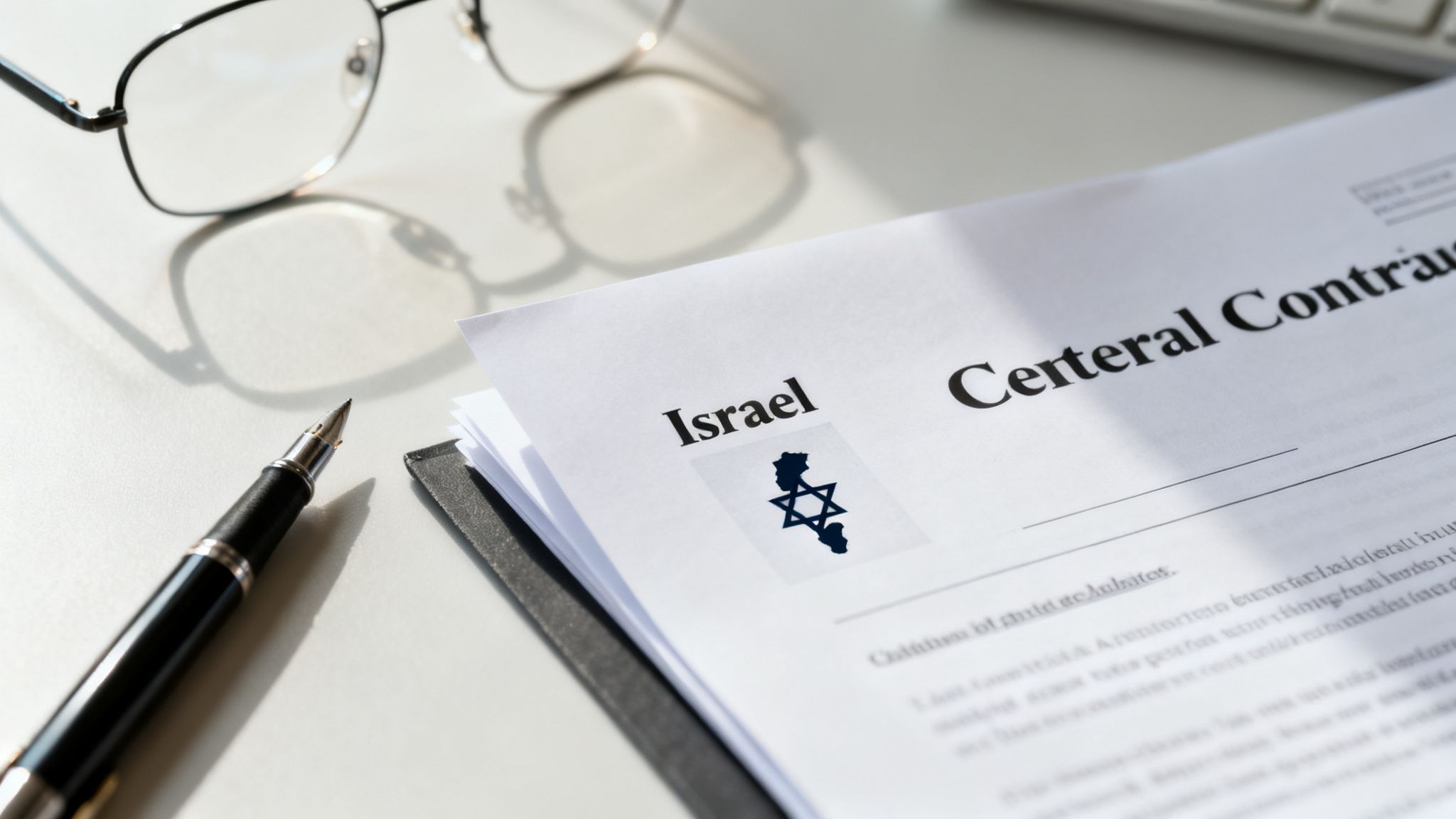 A close-up of a document featuring 'Israel' and its map with a Star of David, alongside a pen and glasses.