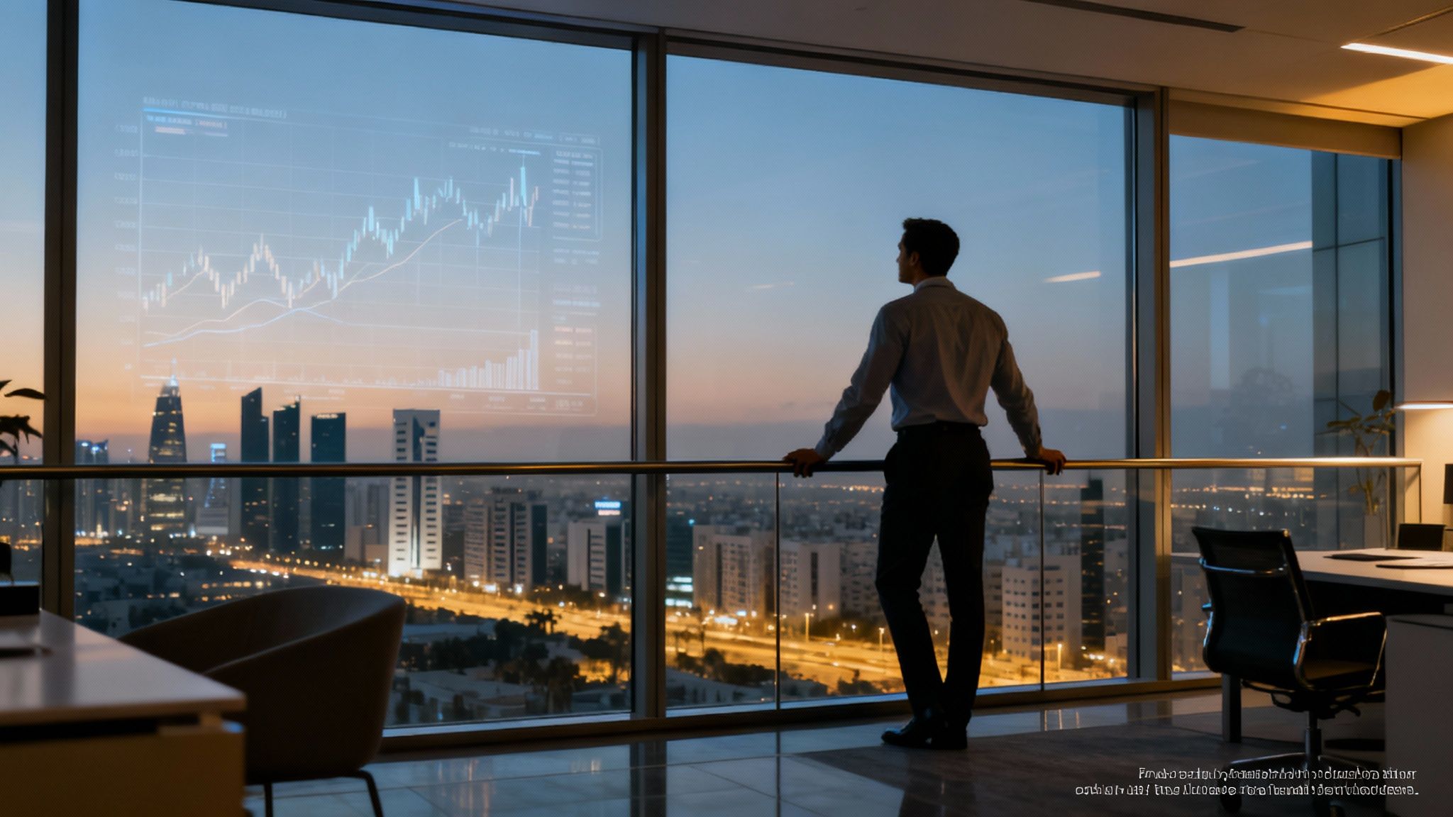 Businessman observing a financial graph projected on a large office window overlooking a city at dusk.