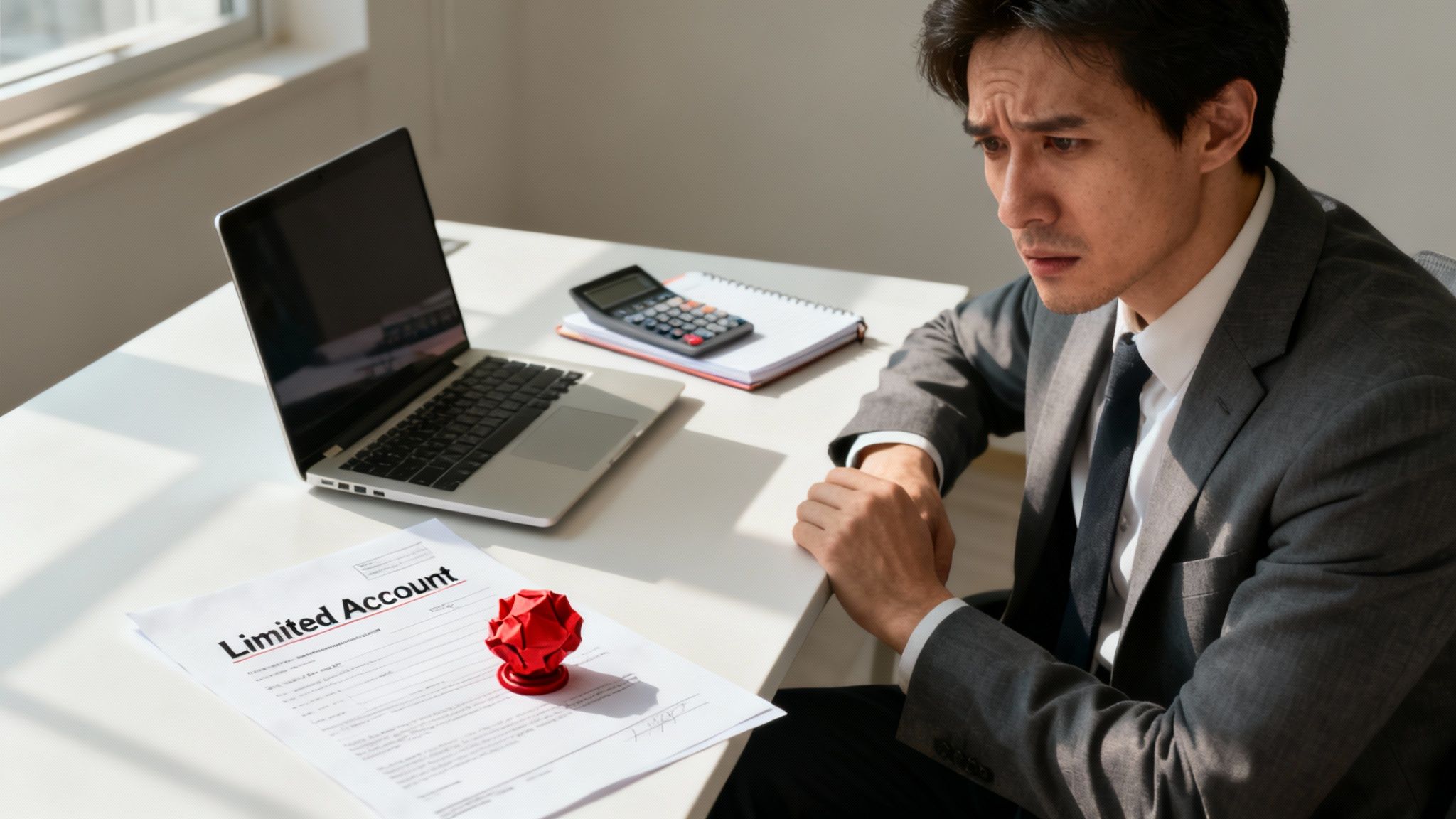 איש עסקים אסייתי נראה מודאג מול מסמך 'חשבון מוגבל', מחשבון ומחשב נייד, על שולחן משרדי מואר.